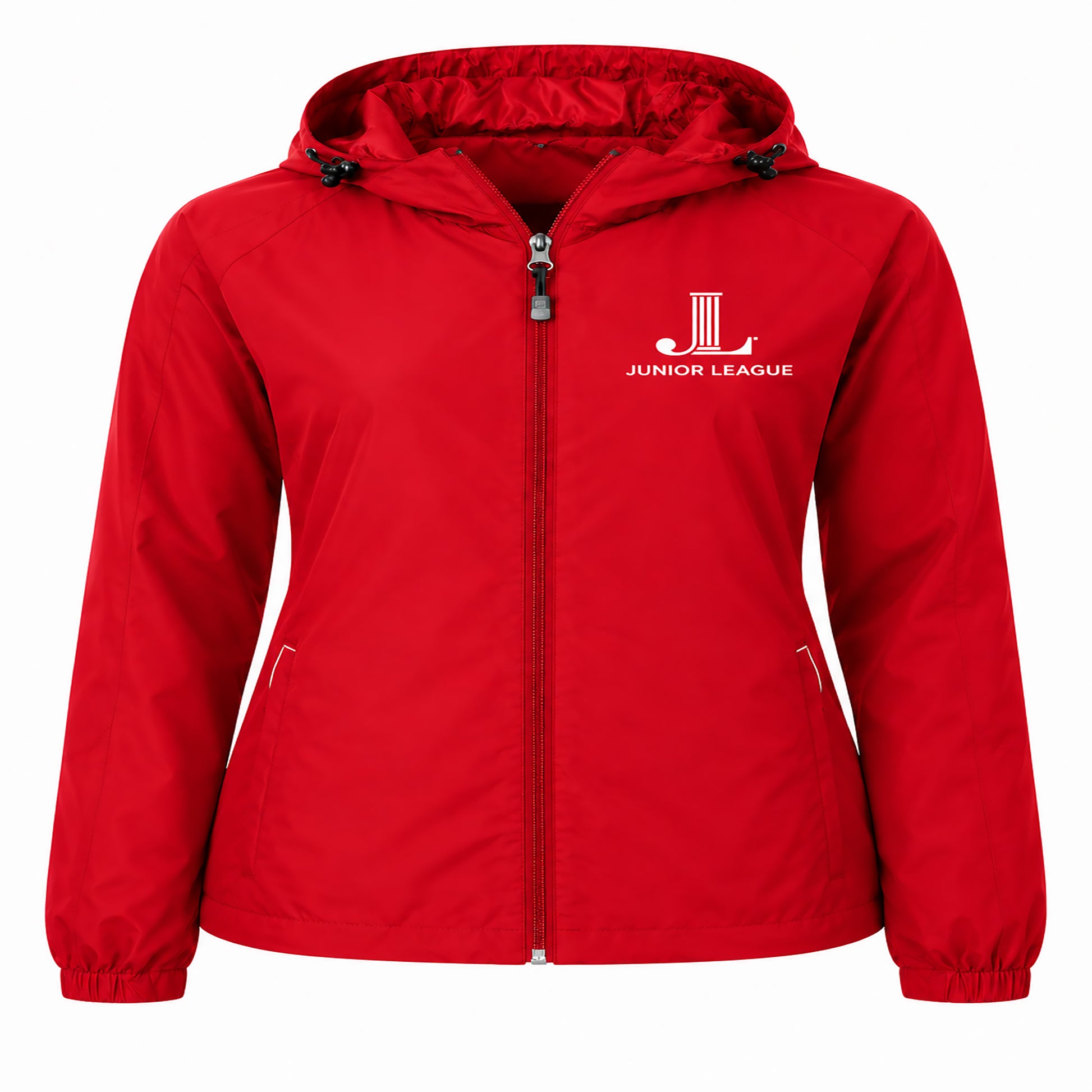 Junior League women's hooded raglan jacket in true red