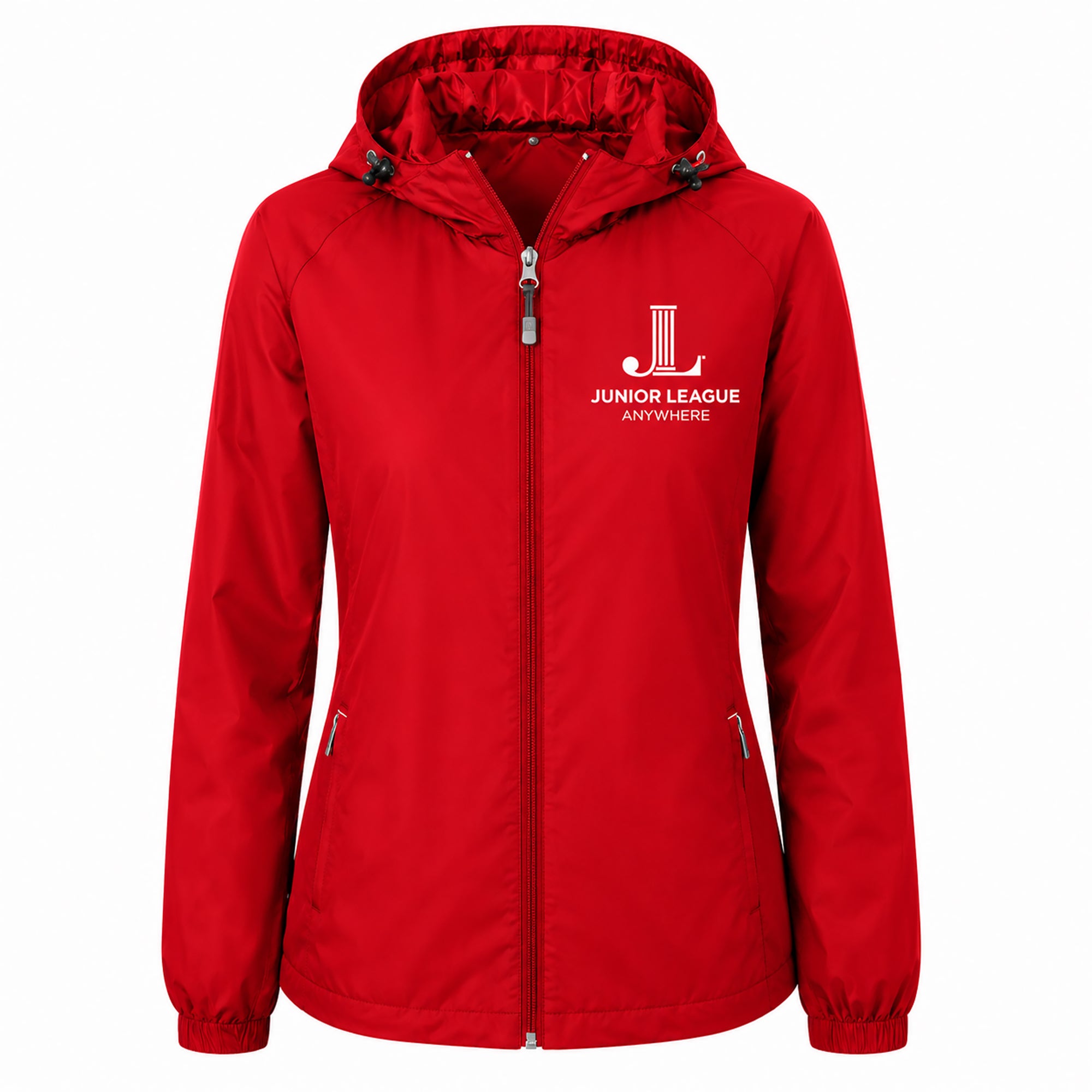 Women’s hooded zip-front raglan jacket, red with chest logo and full-length zipper