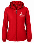 Women’s hooded zip-front raglan jacket, red with chest logo and full-length zipper