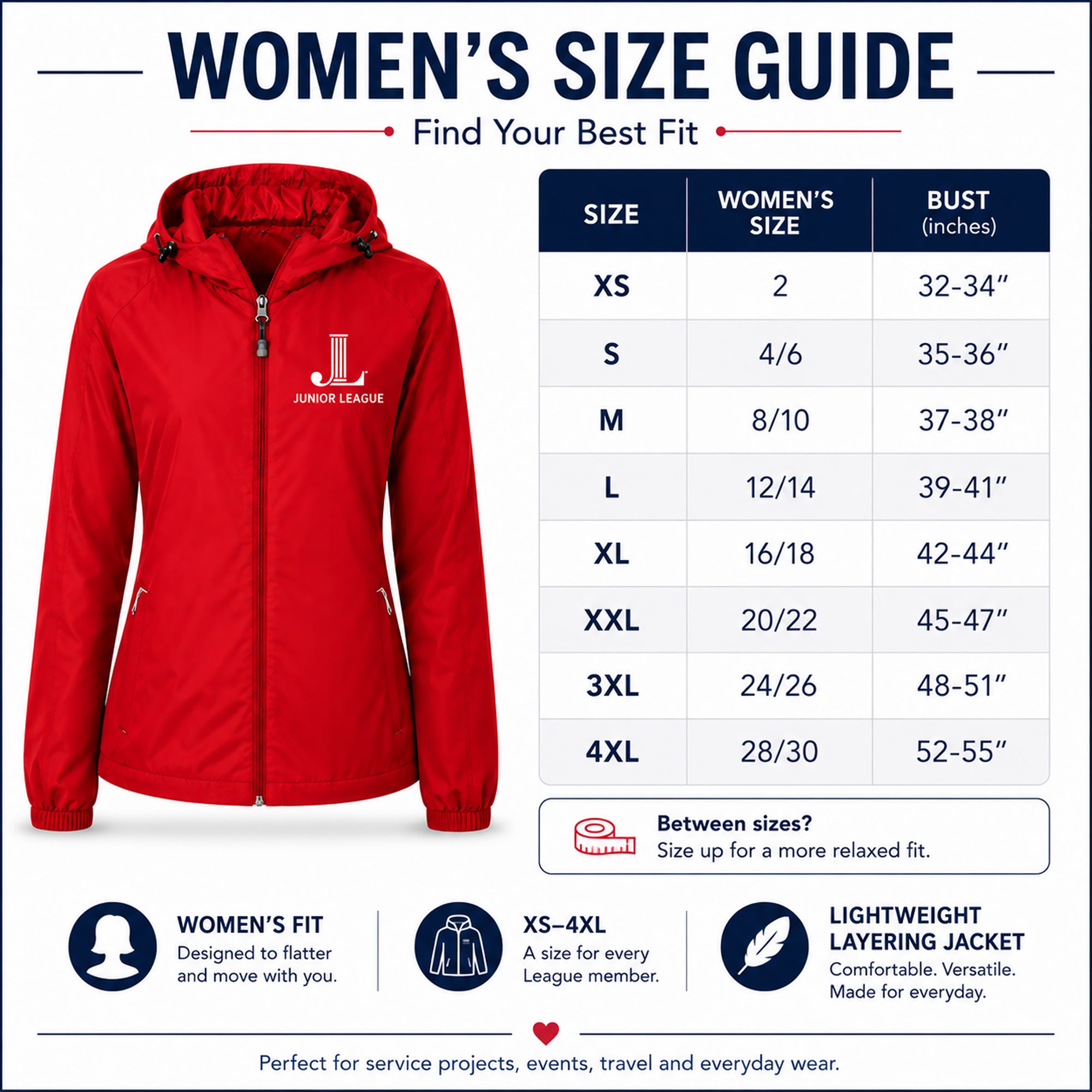 Junior League women's jacket size chart XS through 4XL