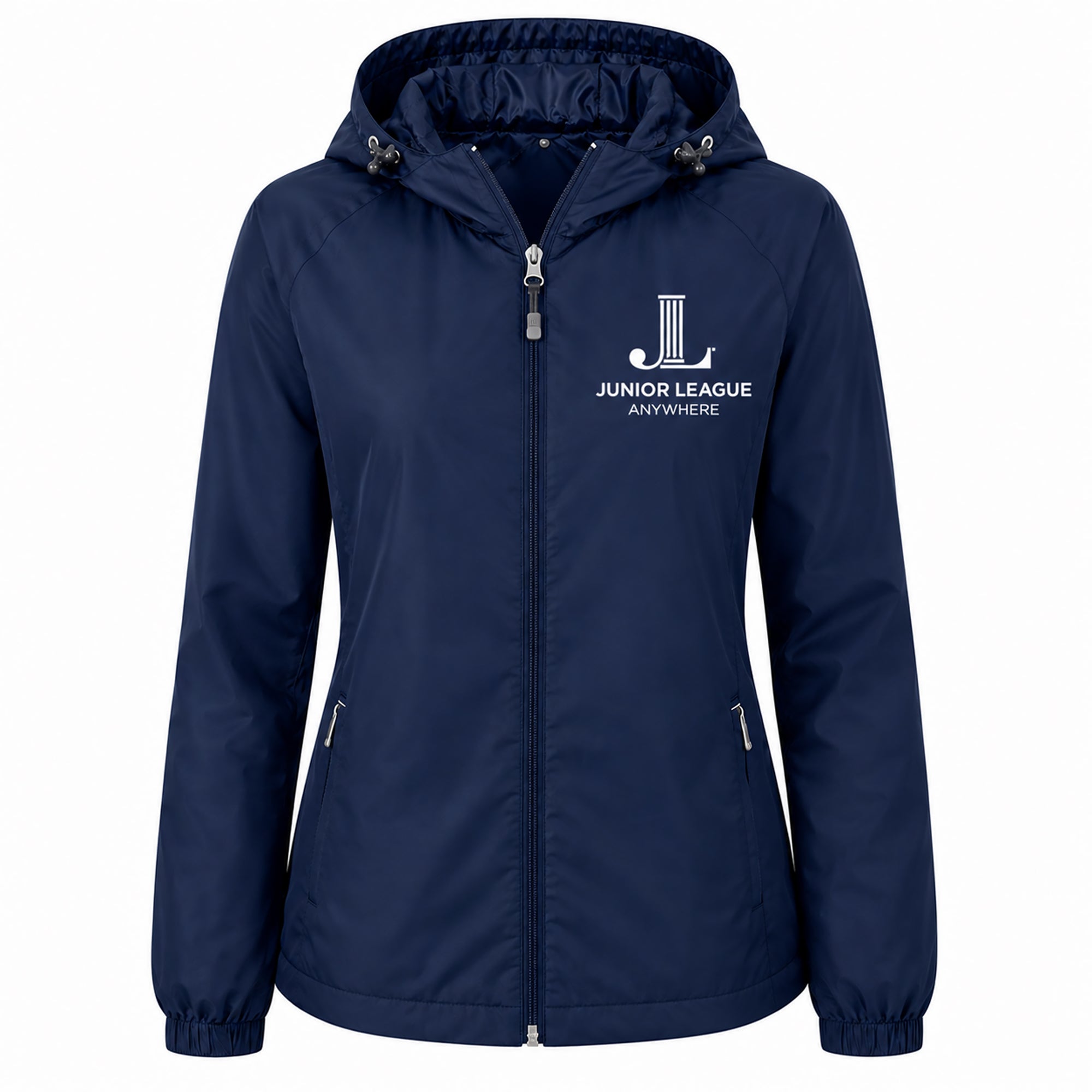 Women’s hooded zip-front raglan jacket, deep navy with chest logo and drawstring hood