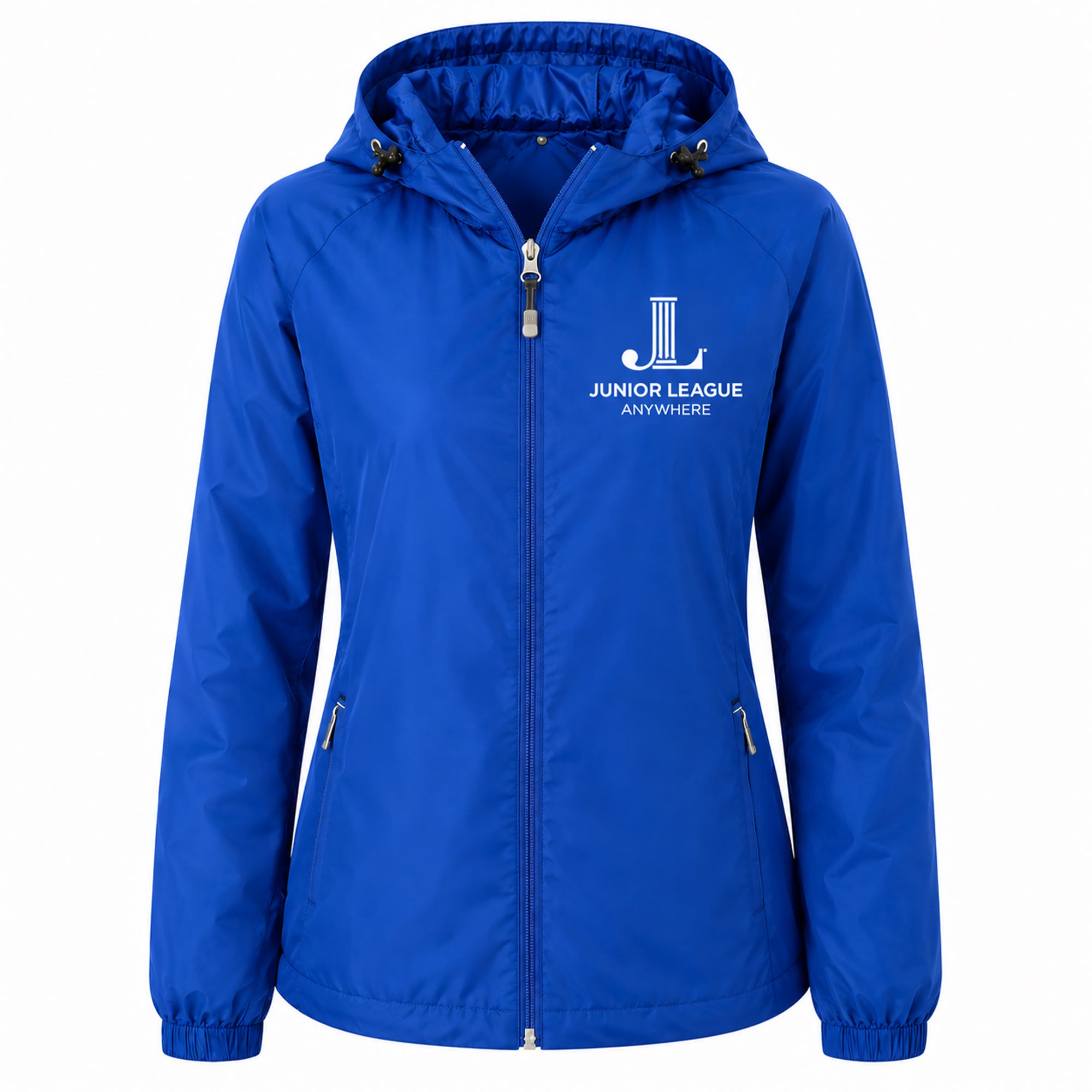 Women’s hooded zip-front raglan jacket, true royal blue with chest logo and drawstring hood