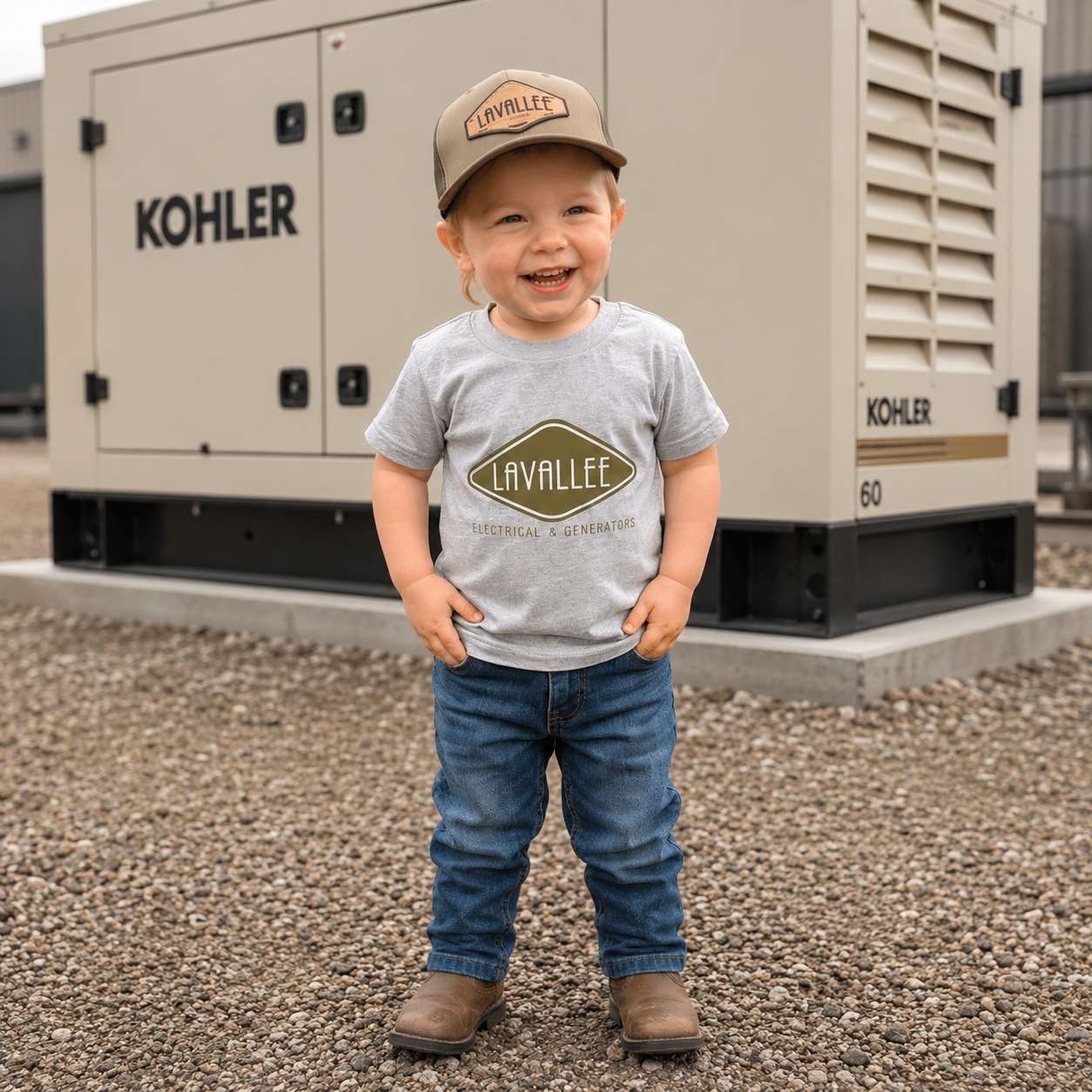 Smiling toddler wearing Lavallee Baby Swag shirt and hat standing in front of a KOHLER generator outdoors.