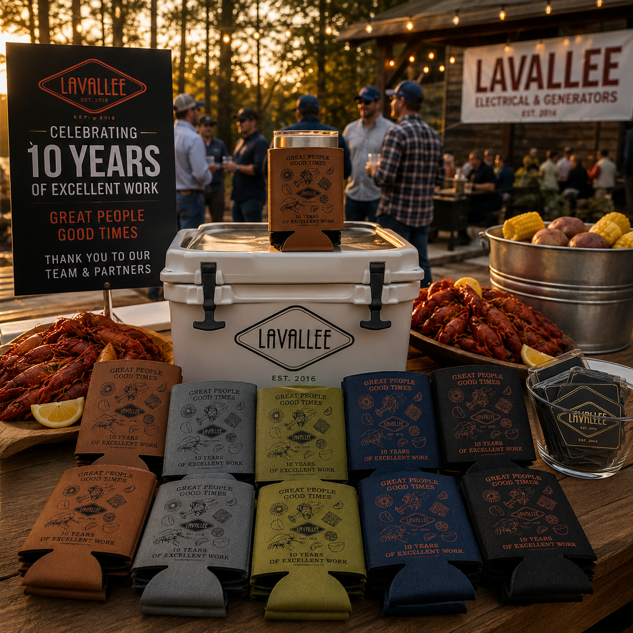 Outdoor corporate crawfish boil event setup featuring LaVallee anniversary koozies, branded cooler, crawfish trays, banquet table styling, and employee appreciation celebration atmosphere.