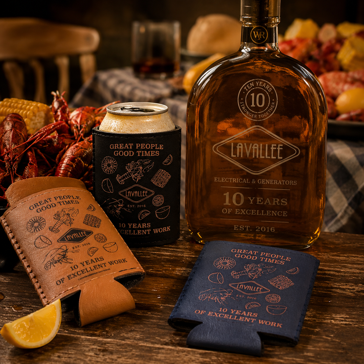 Luxury editorial mockup featuring LaVallee Electrical & Generators 10-year anniversary koozies styled on a wood table beside bourbon, crawfish boil elements, and warm moody lighting.