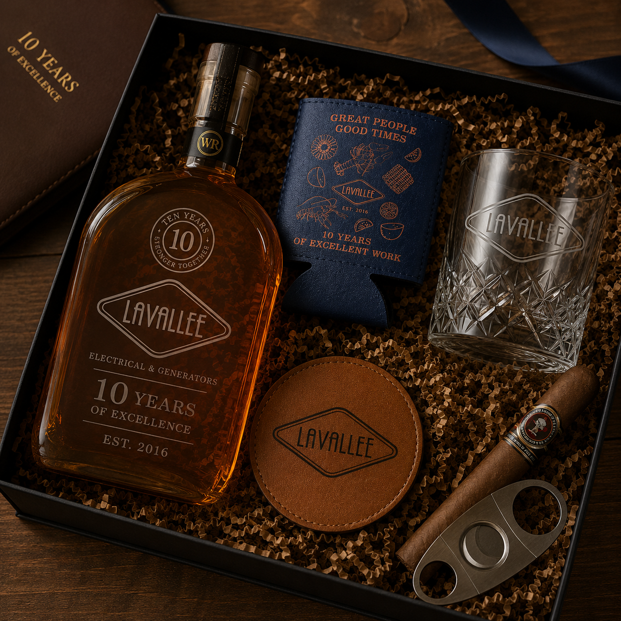 Luxury corporate anniversary gift set featuring engraved Woodford Reserve bourbon bottle, LaVallee anniversary koozie, engraved rocks glass, leather coaster, and cigar cutter.