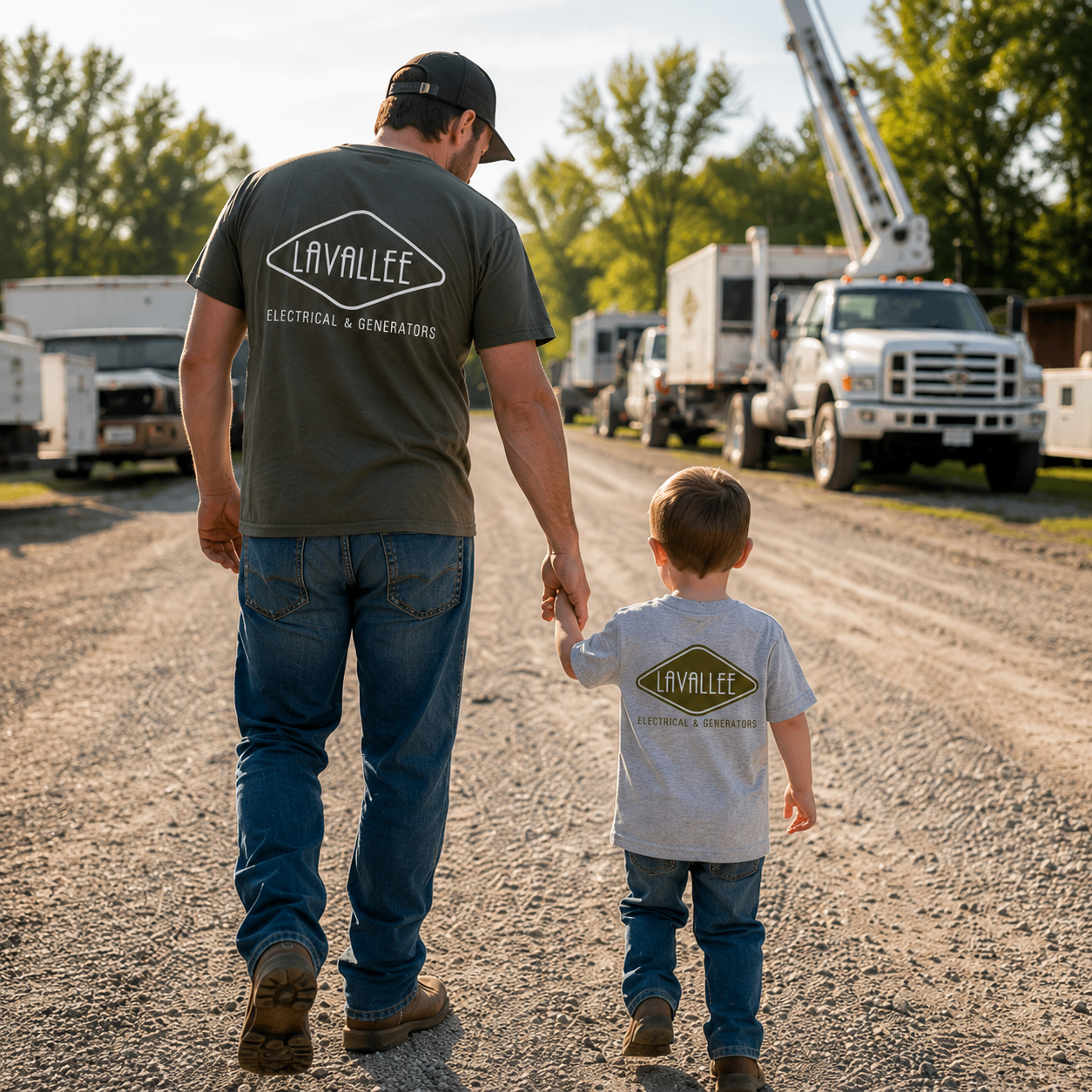 Father and young son wearing matching Lavallee Electrical & Generators shirts walking together through industrial work yard.