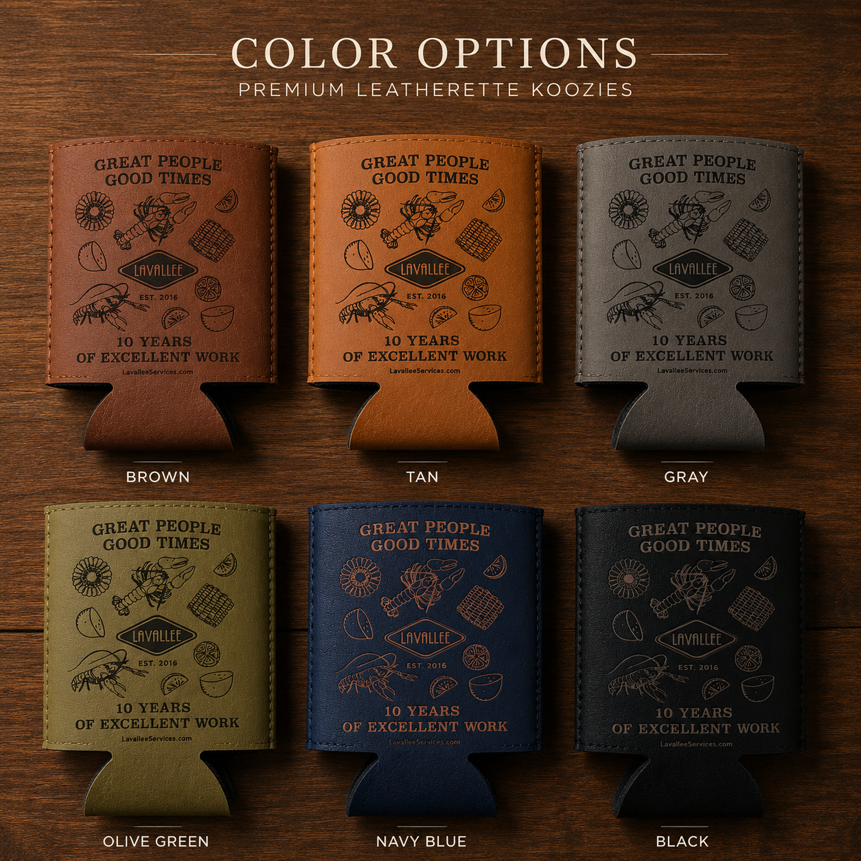Editorial-style product swatch display showing LaVallee 10-year anniversary koozies in multiple premium color options on a clean retail-inspired background.