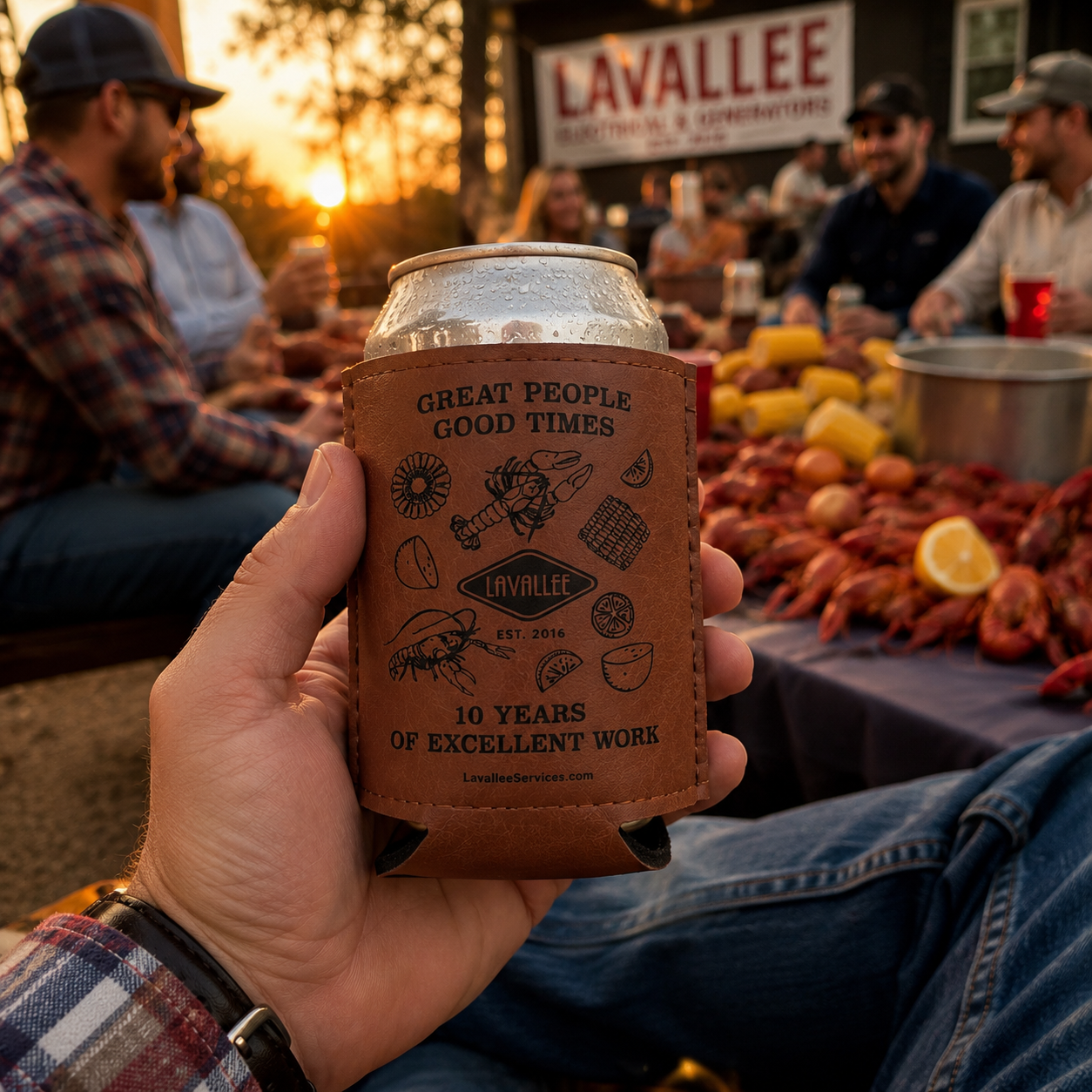Lifestyle image of a person holding a cold canned drink inside a LaVallee anniversary koozie at an outdoor crawfish boil during sunset.