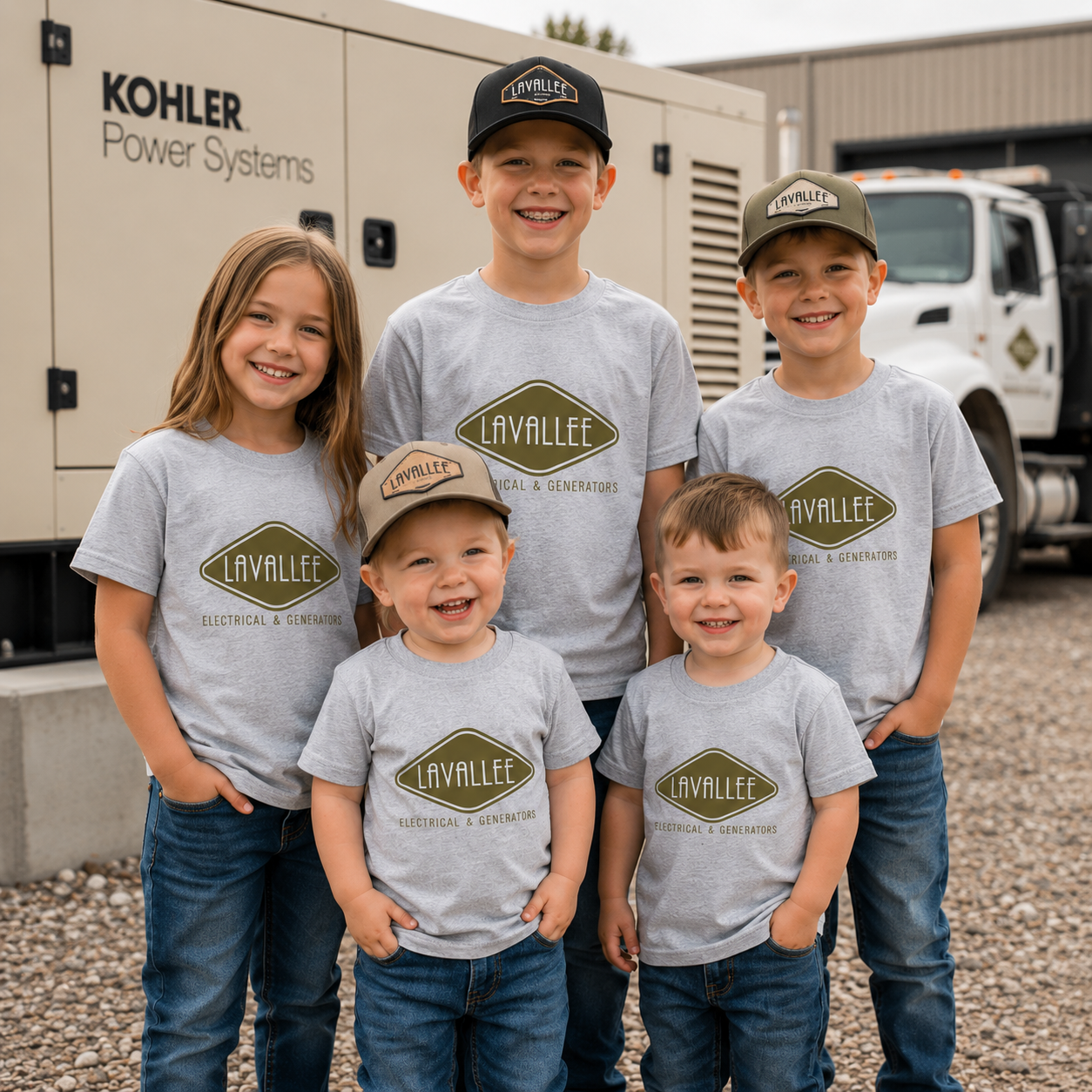 Group of children of various ages wearing matching Lavallee Baby Swag shirts and hats standing in front of a KOHLER generator and work truck outdoors.