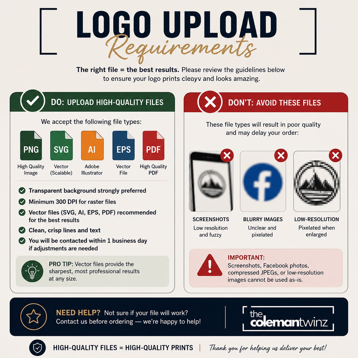 Logo upload requirements guide with acceptable and unacceptable file types for printing.