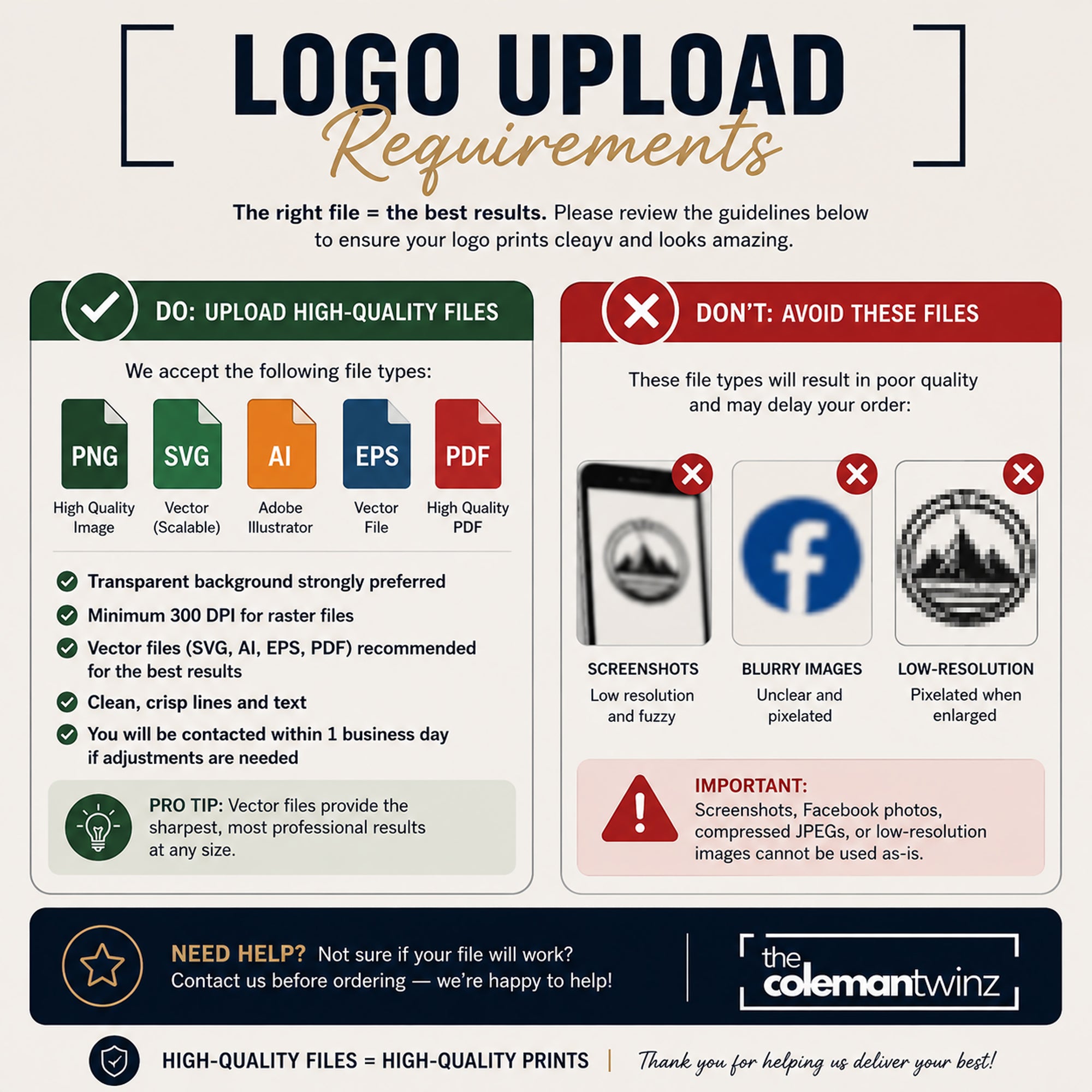 Logo upload requirements guide with acceptable and unacceptable file types for printing.