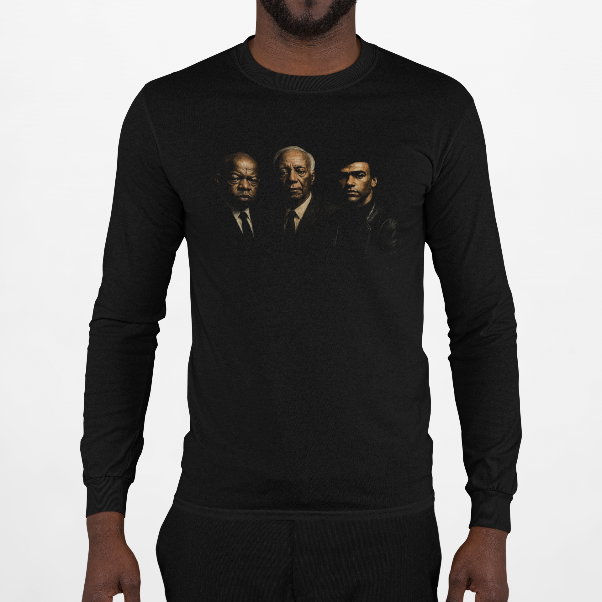 Black long-sleeve crewneck T-shirt with three men portrait graphic on the chest