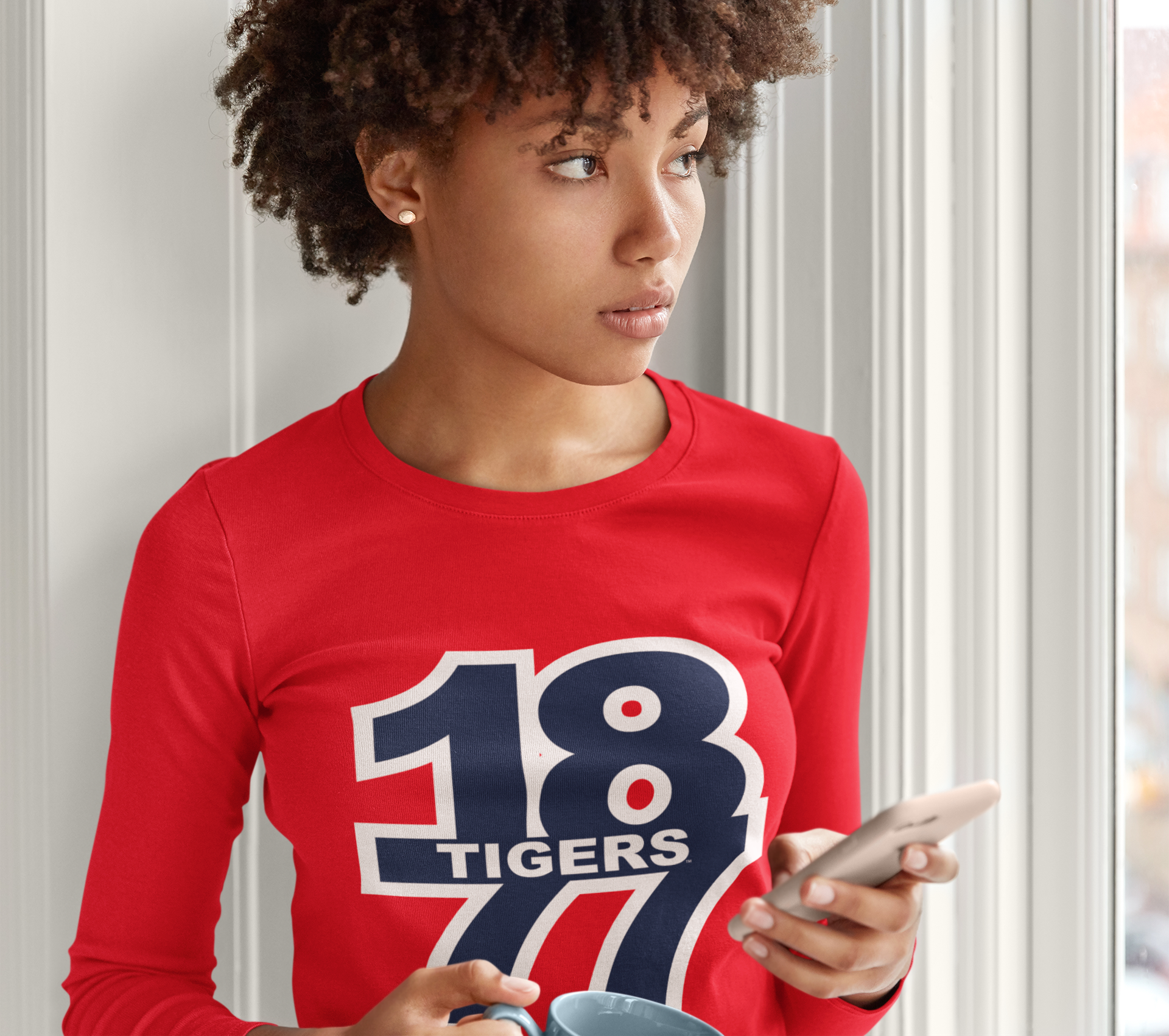Red long-sleeve crew neck T-shirt with 18 Tigers 1877 graphic on front