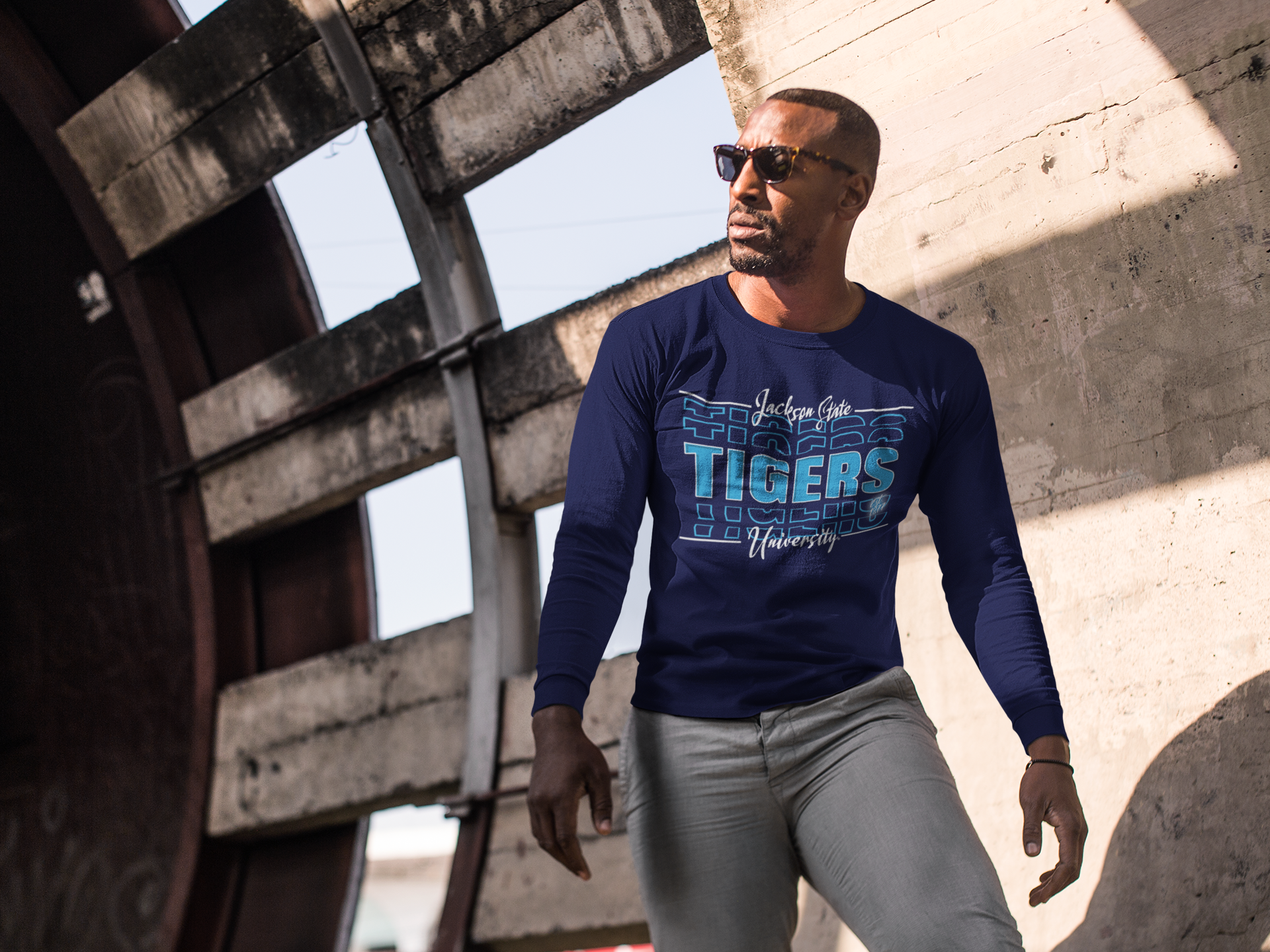 Navy long-sleeve t-shirt with 'TIGERS' front graphic on a man