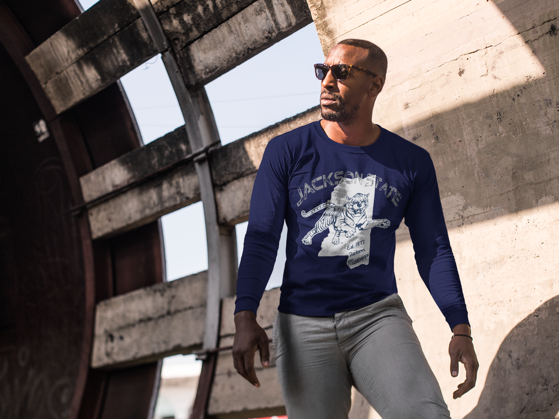 Navy long sleeve t-shirt with tiger logo, worn by a man