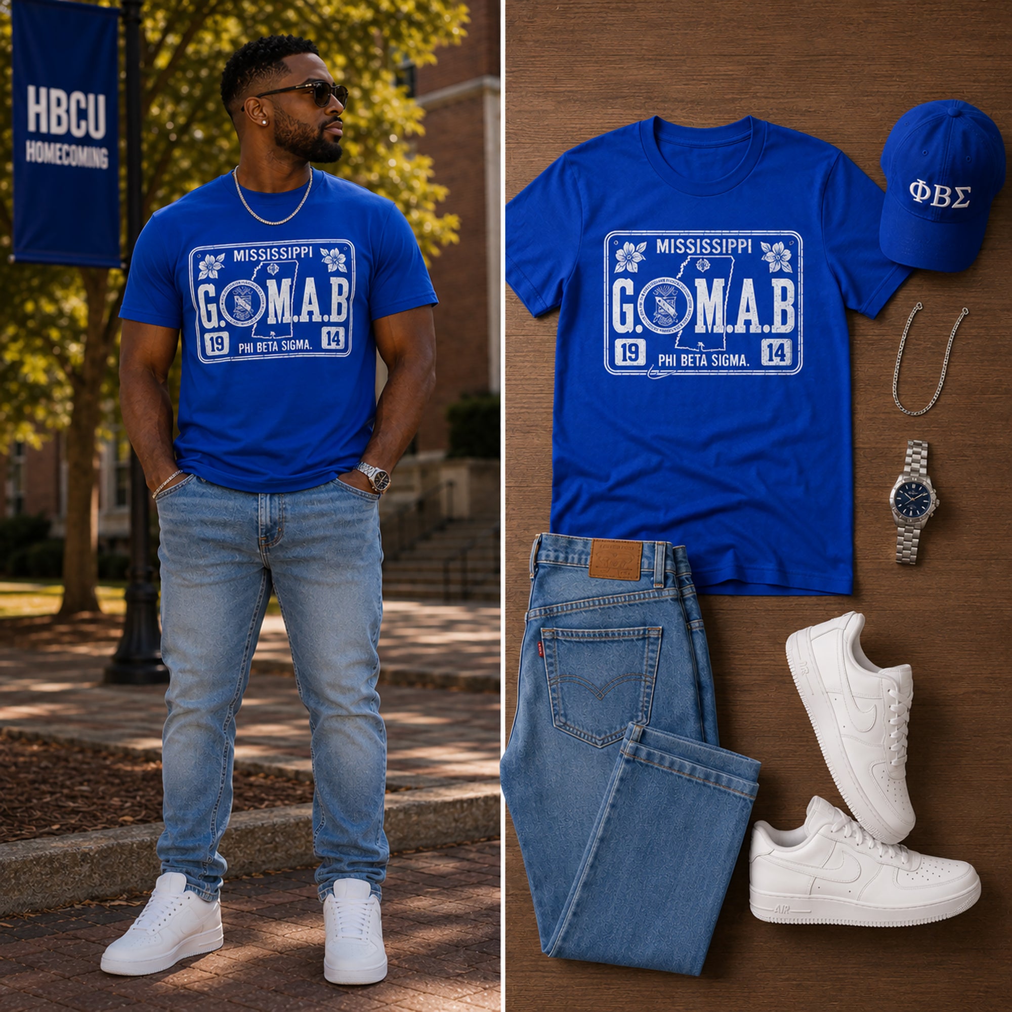 Royal blue T-shirt with front G.O.M.A.B. Phi Beta Sigma Mississippi logo