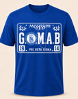 Royal blue T-shirt with white rectangular G.O.M.A.B. Phi Beta Sigma Mississippi graphic