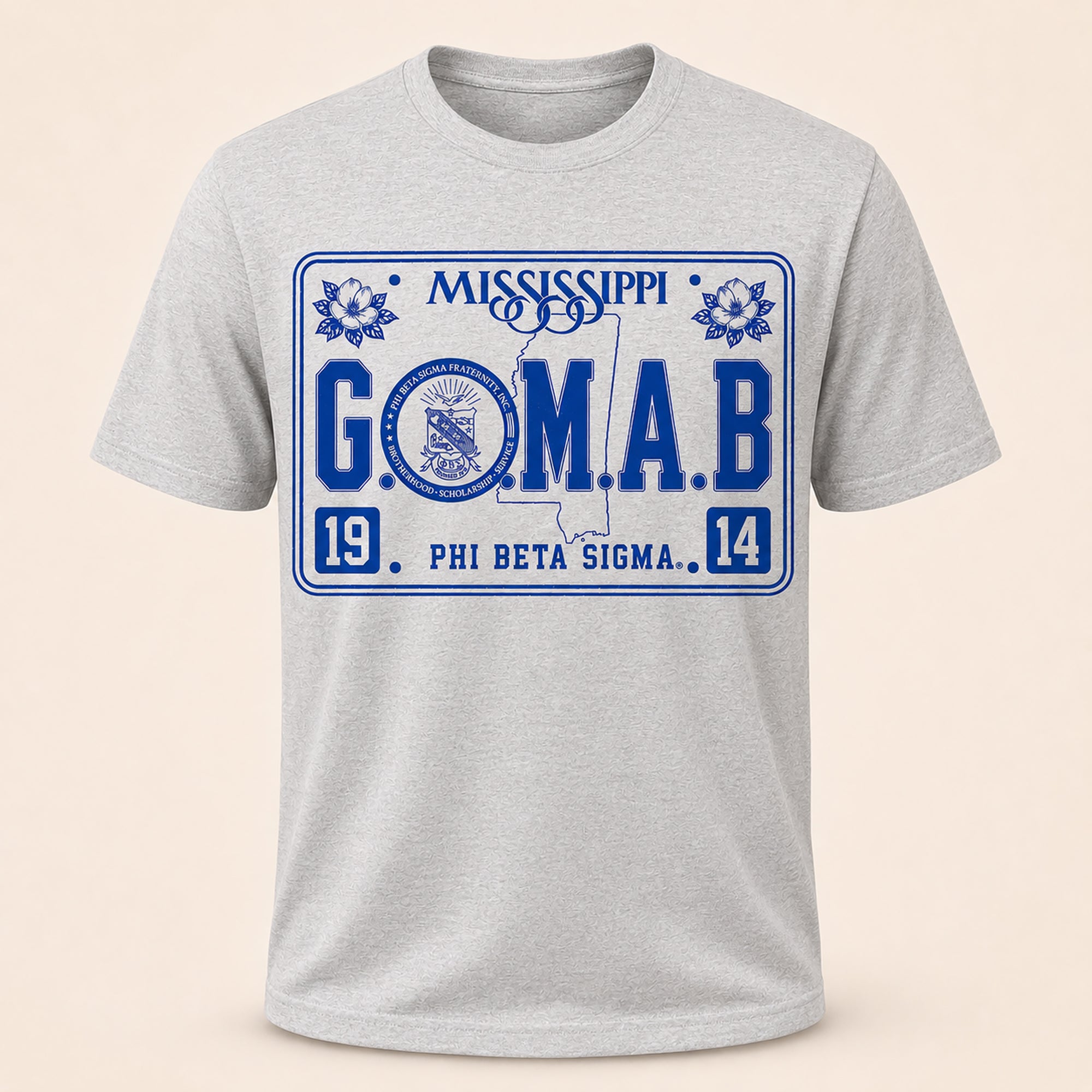 Heather gray T-shirt with blue rectangular G.O.M.A.B. Phi Beta Sigma Mississippi graphic