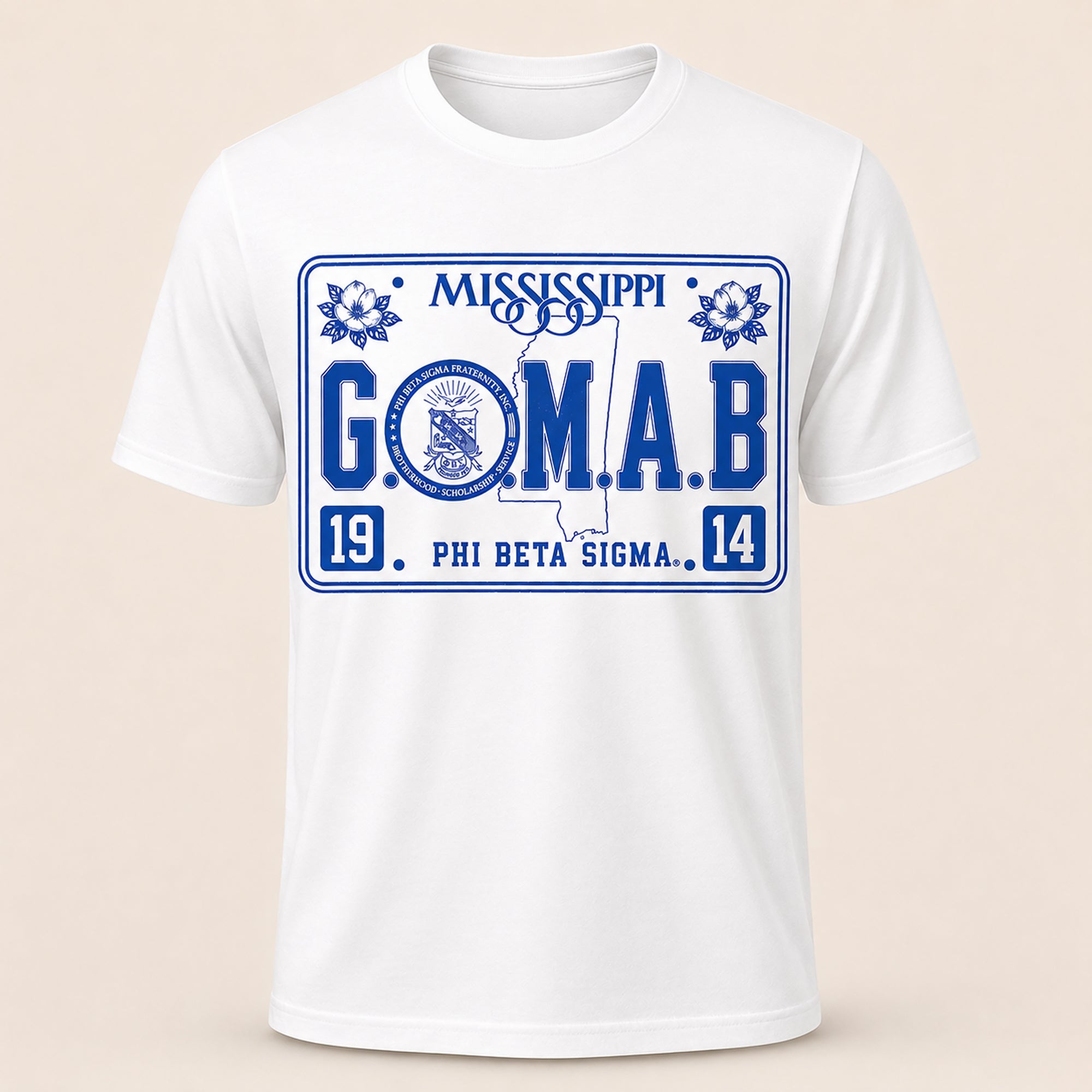 White T-shirt with blue rectangular G.O.M.A.B. Phi Beta Sigma Mississippi graphic