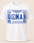 White T-shirt with blue rectangular G.O.M.A.B. Phi Beta Sigma Mississippi graphic