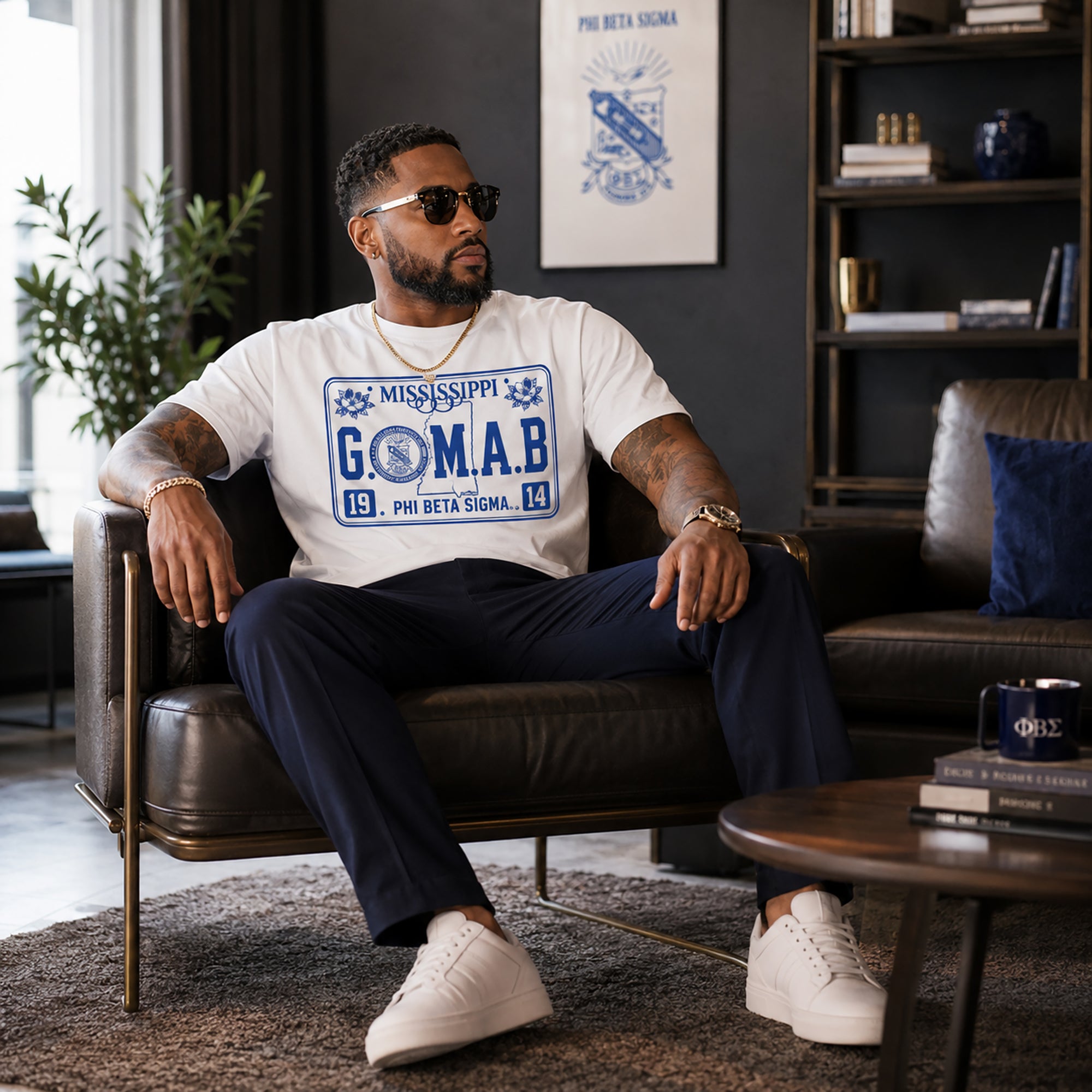 White G.O.M.A.B. Phi Beta Sigma T-shirt with blue front logo graphic