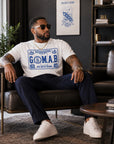 White G.O.M.A.B. Phi Beta Sigma T-shirt with blue front logo graphic