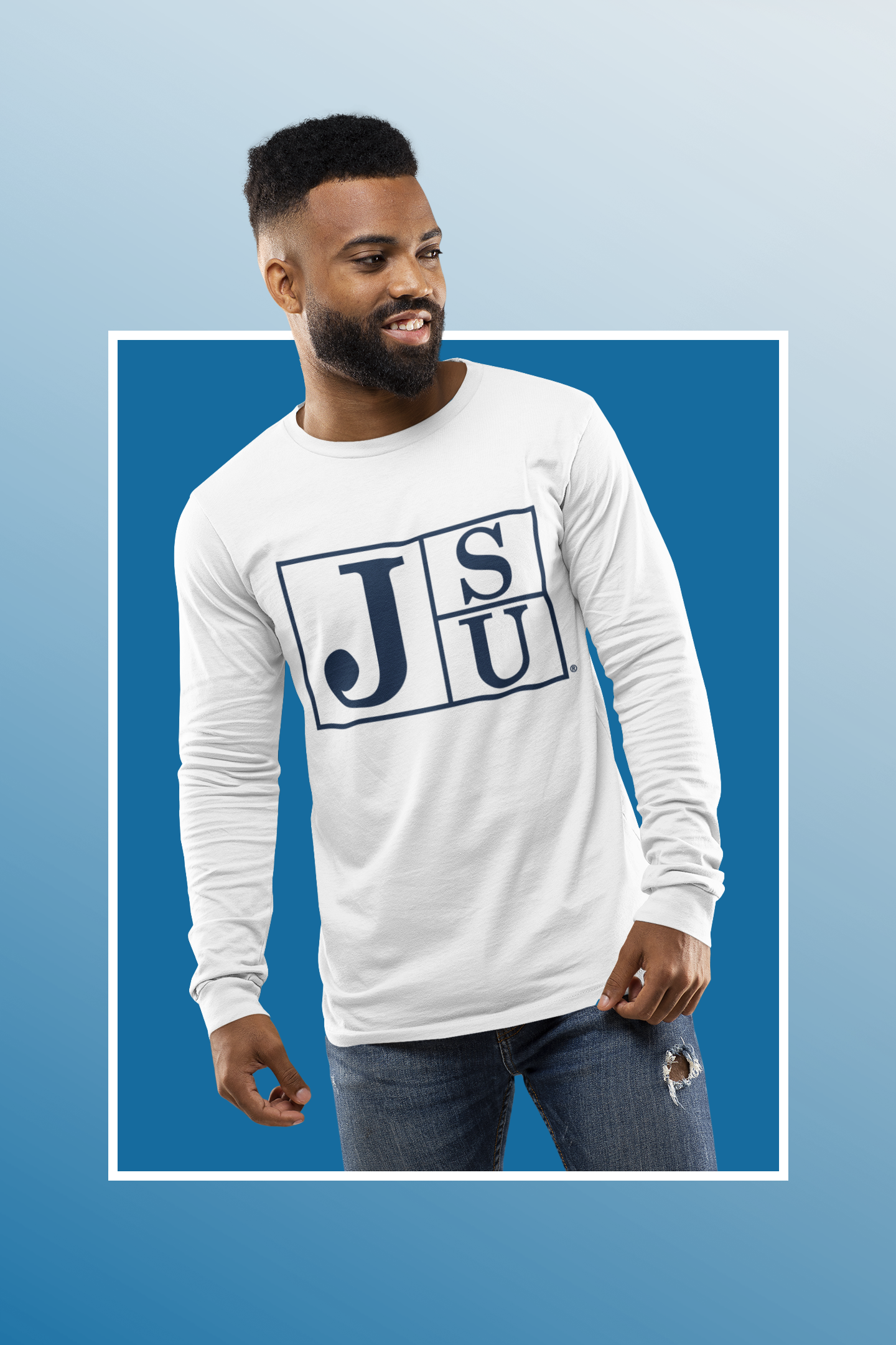 White long sleeve crewneck T-shirt with blue J S U block logo on front, worn