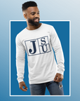 White long sleeve crewneck T-shirt with blue J S U block logo on front, worn
