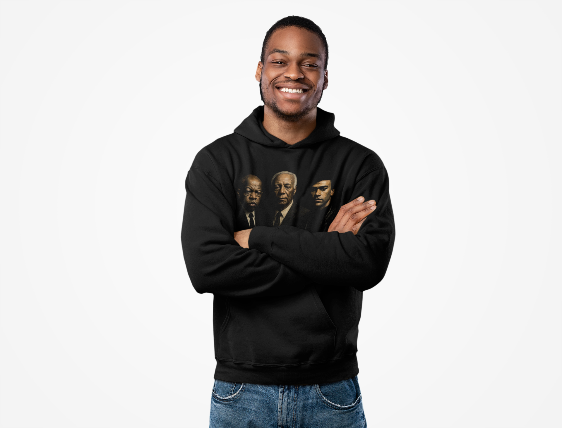 Black pullover hoodie with three men portrait graphic on the front