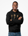 Black pullover hoodie with three men portrait graphic on the front