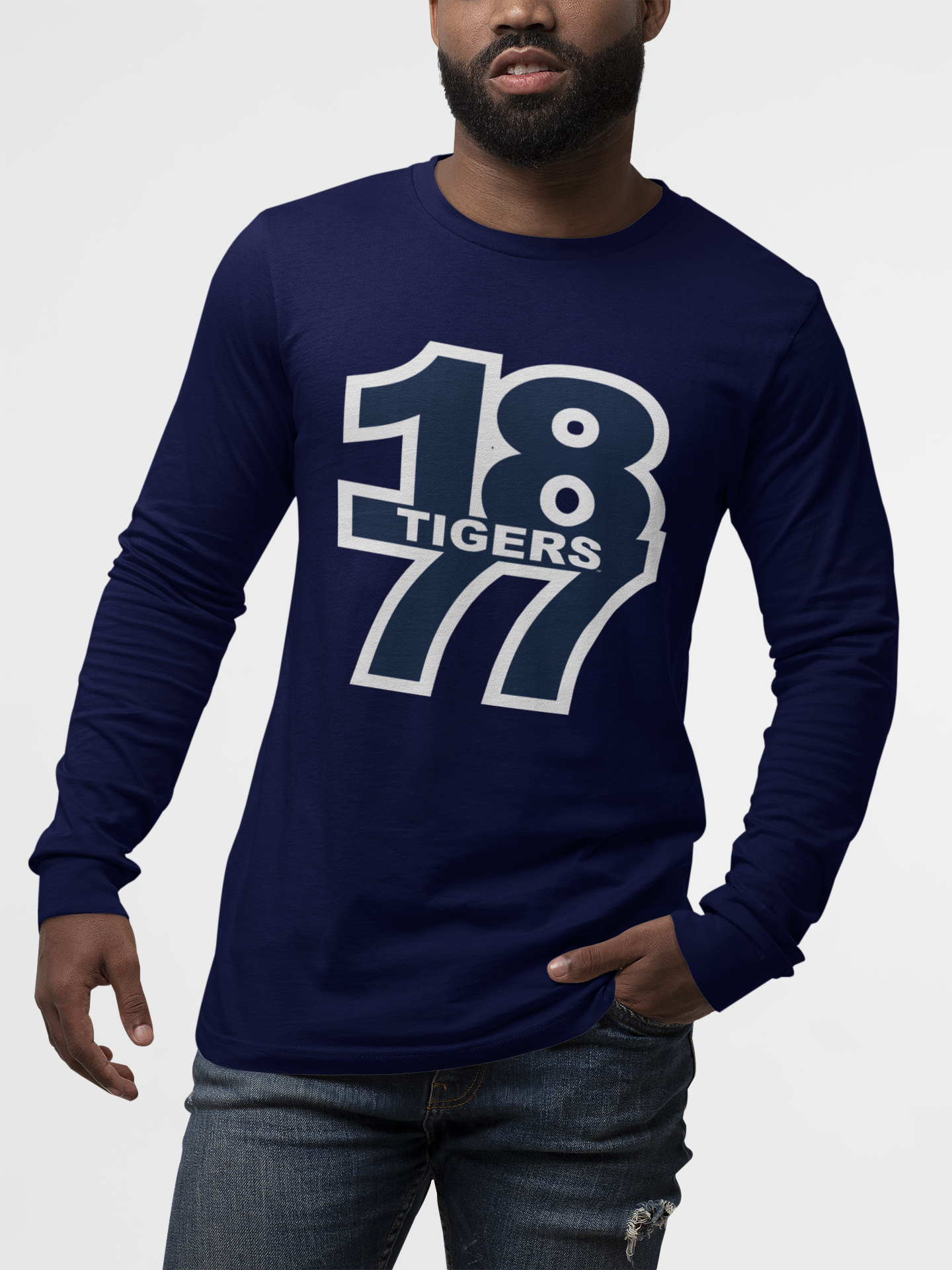 Navy long-sleeve crew neck T-shirt with 18 Tigers logo graphic on front