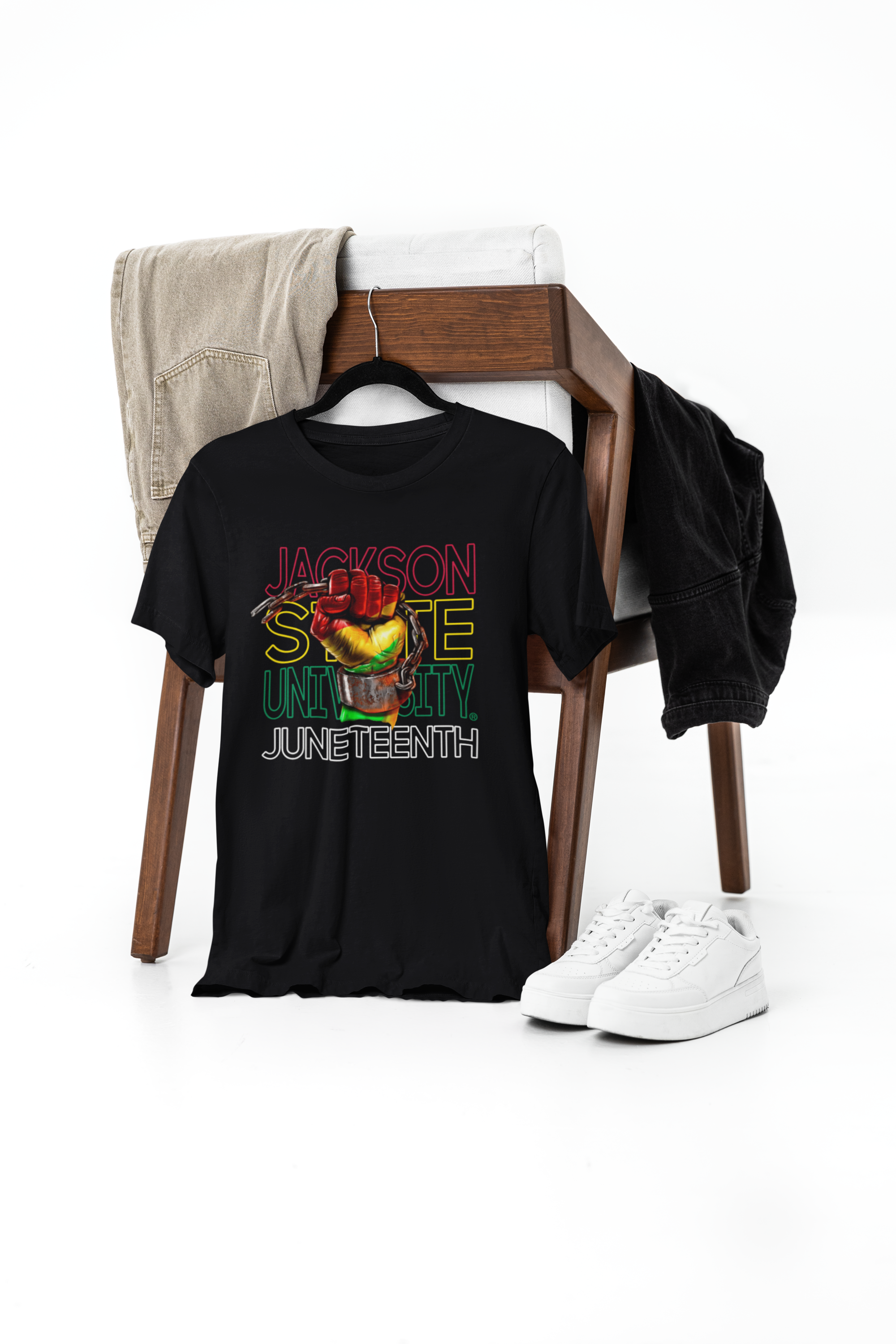 Black crewneck short-sleeve T-shirt on hanger with “Juneteenth” front graphic