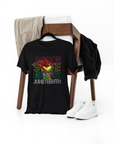 Black crewneck short-sleeve T-shirt on hanger with “Juneteenth” front graphic