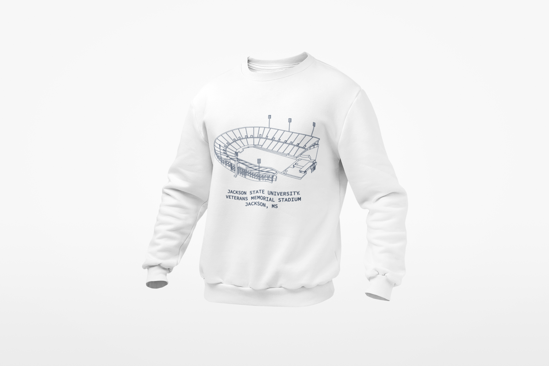 White unisex crewneck sweatshirt with stadium graphic and text on chest