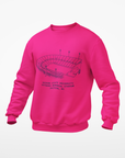Pink unisex crewneck sweatshirt with stadium graphic and text on front