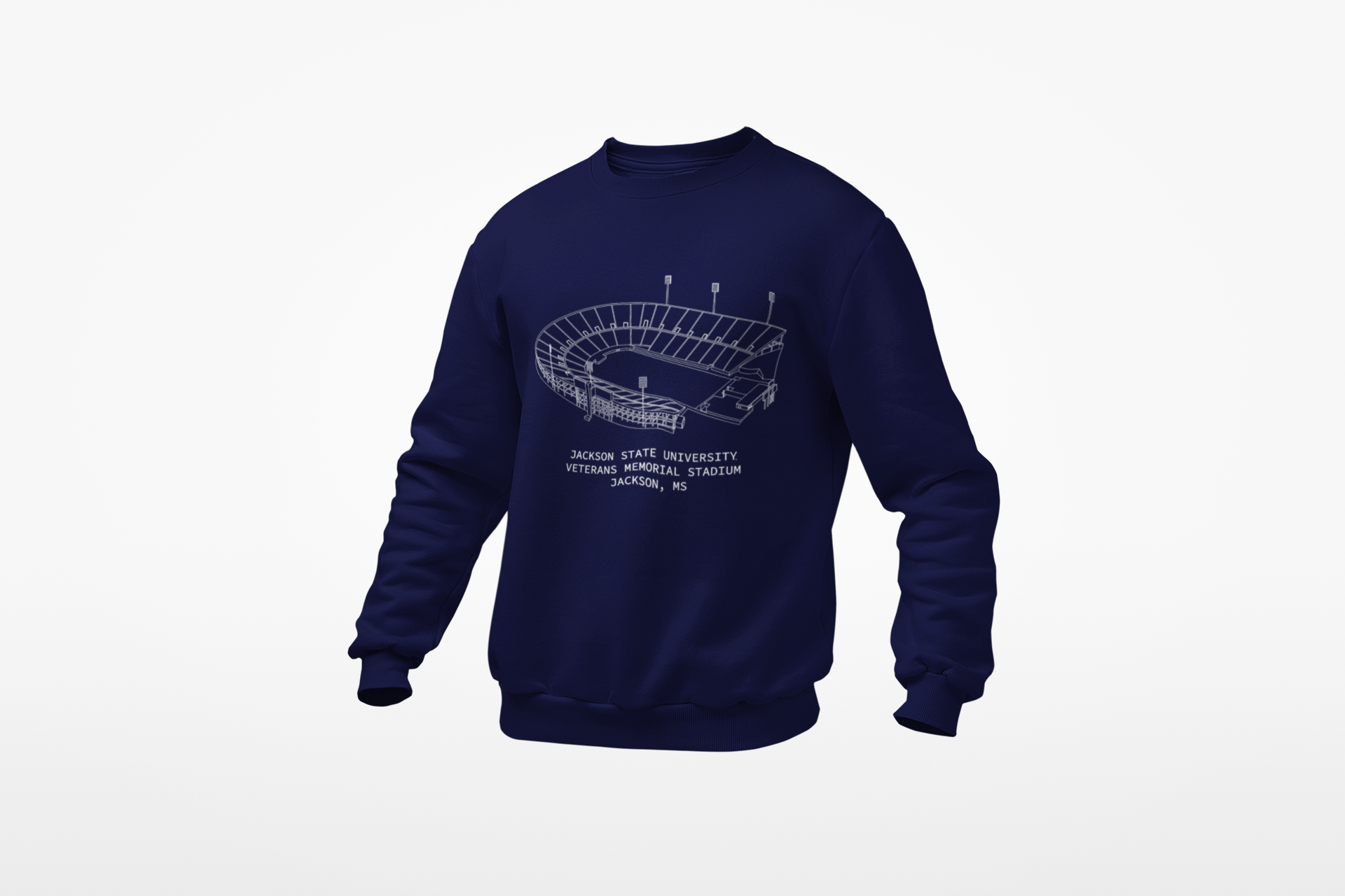 Navy crewneck sweatshirt with white stadium graphic on front