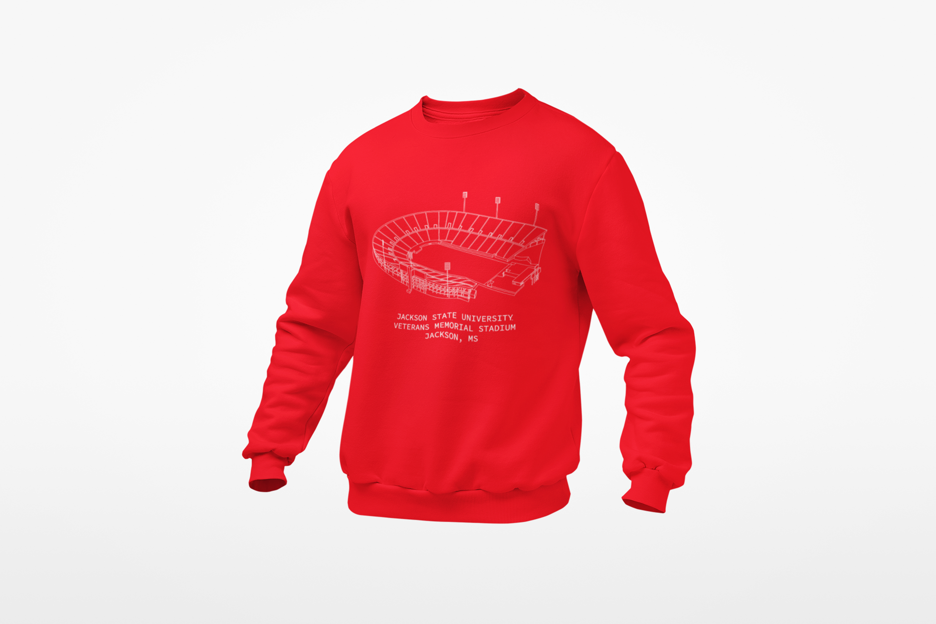 Red crewneck sweatshirt with white stadium graphic on front