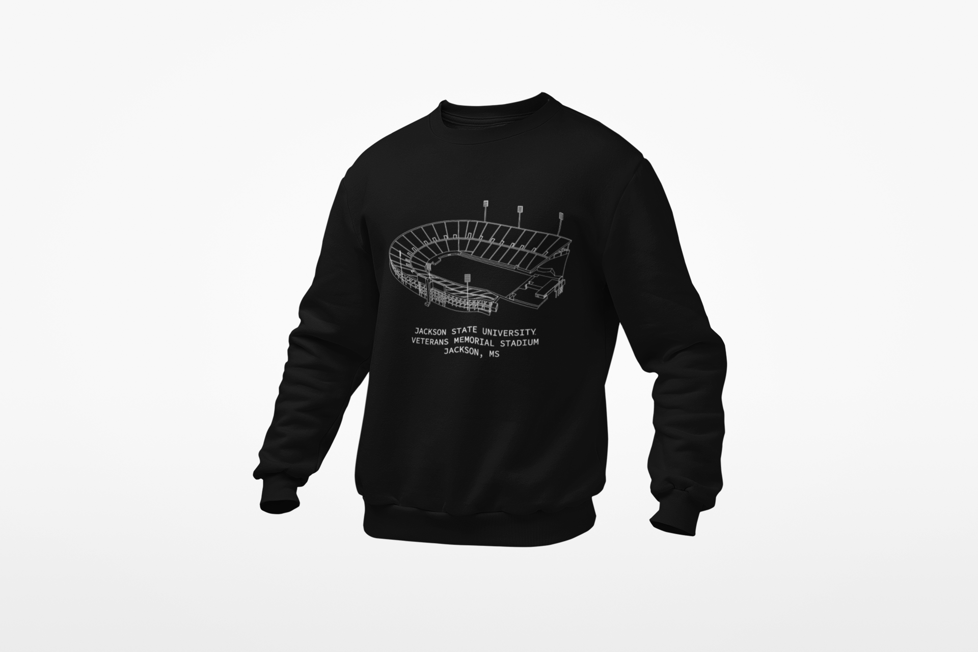 Black crewneck sweatshirt with white stadium graphic on front