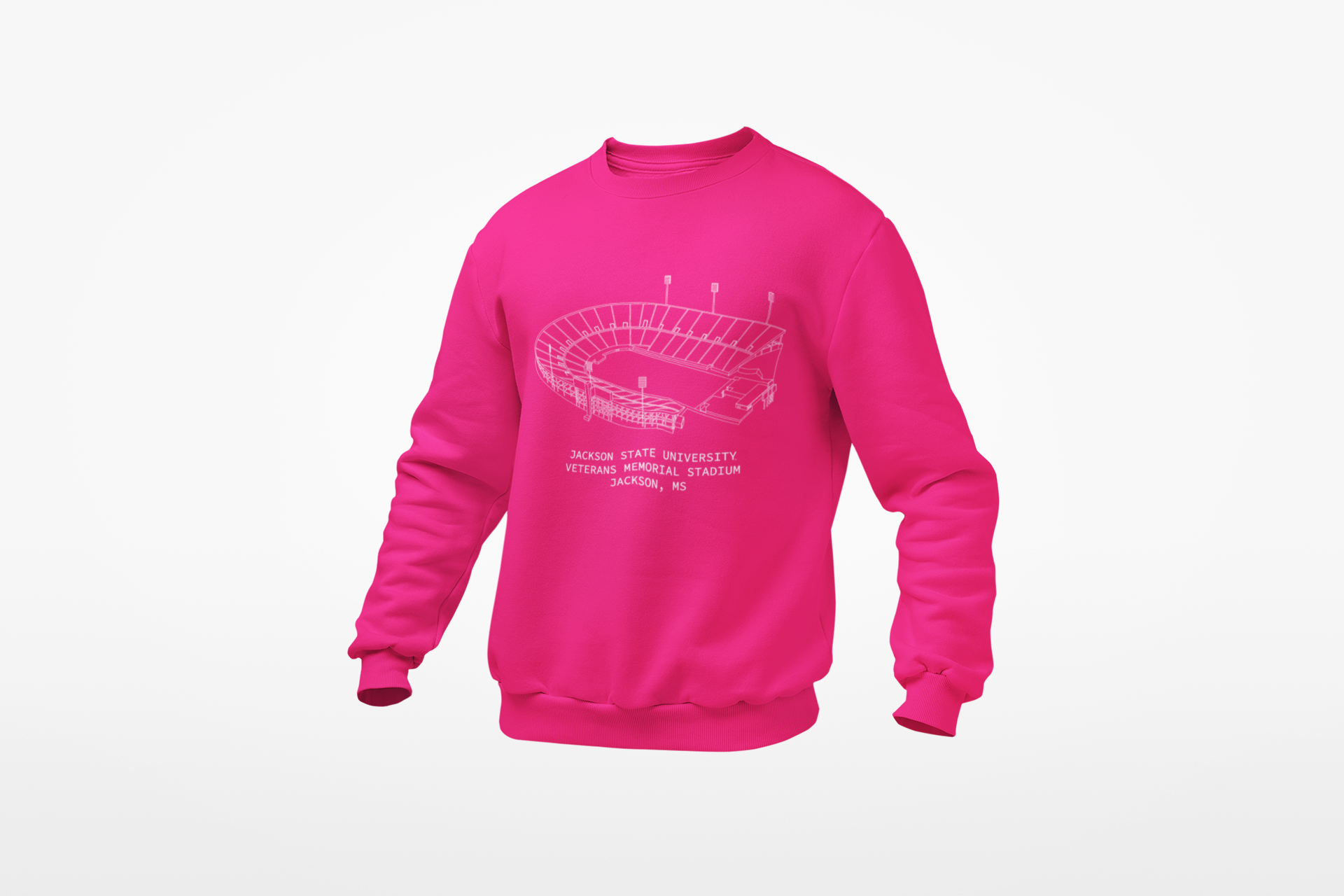 Pink crewneck sweatshirt with large stadium graphic on front