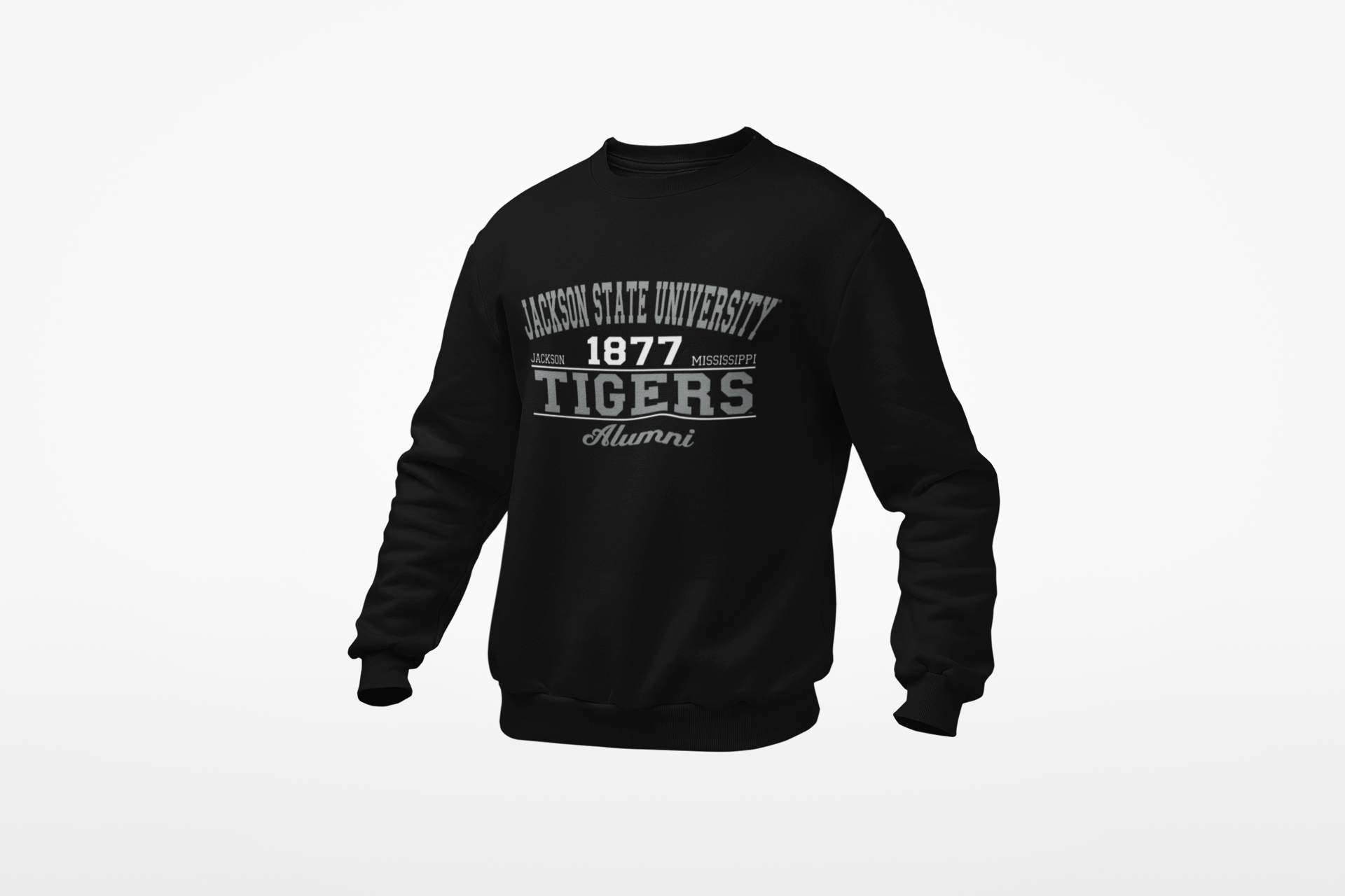 Black unisex crewneck sweatshirt with Jackson State Tigers Alumni chest graphic