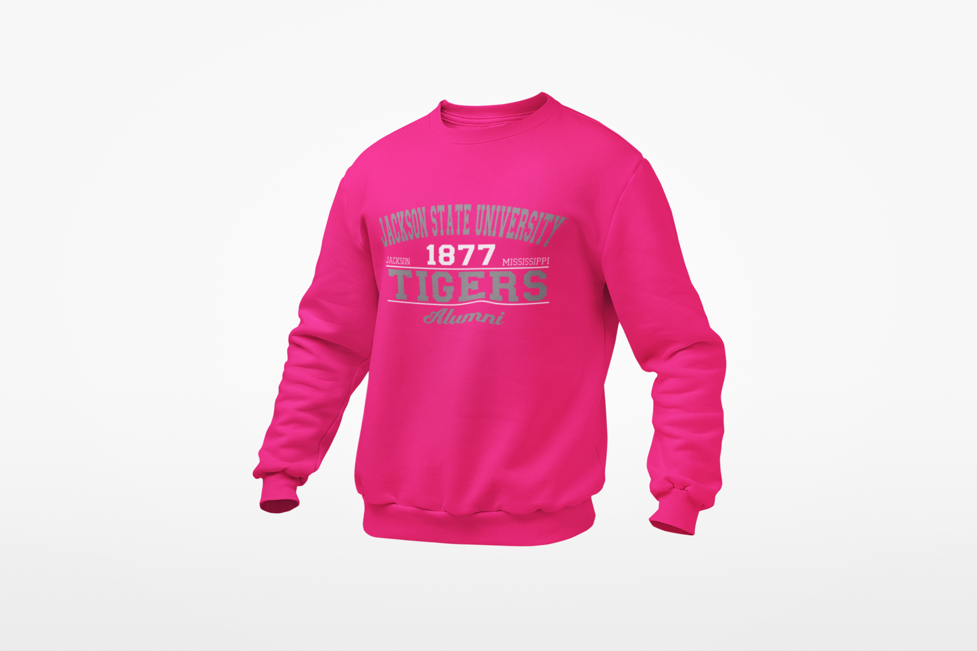 Pink unisex crewneck sweatshirt with Tigers Alumni graphic on chest