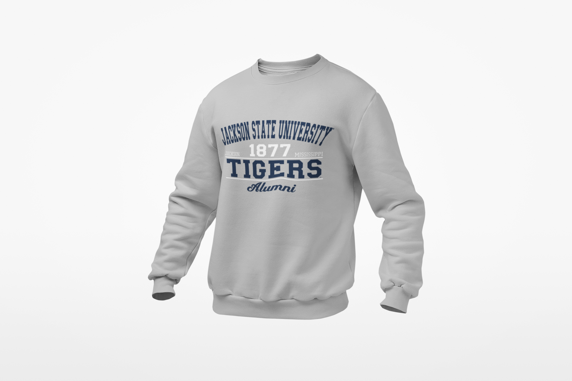 Light gray unisex crewneck sweatshirt with Tigers Alumni logo and ribbed cuffs