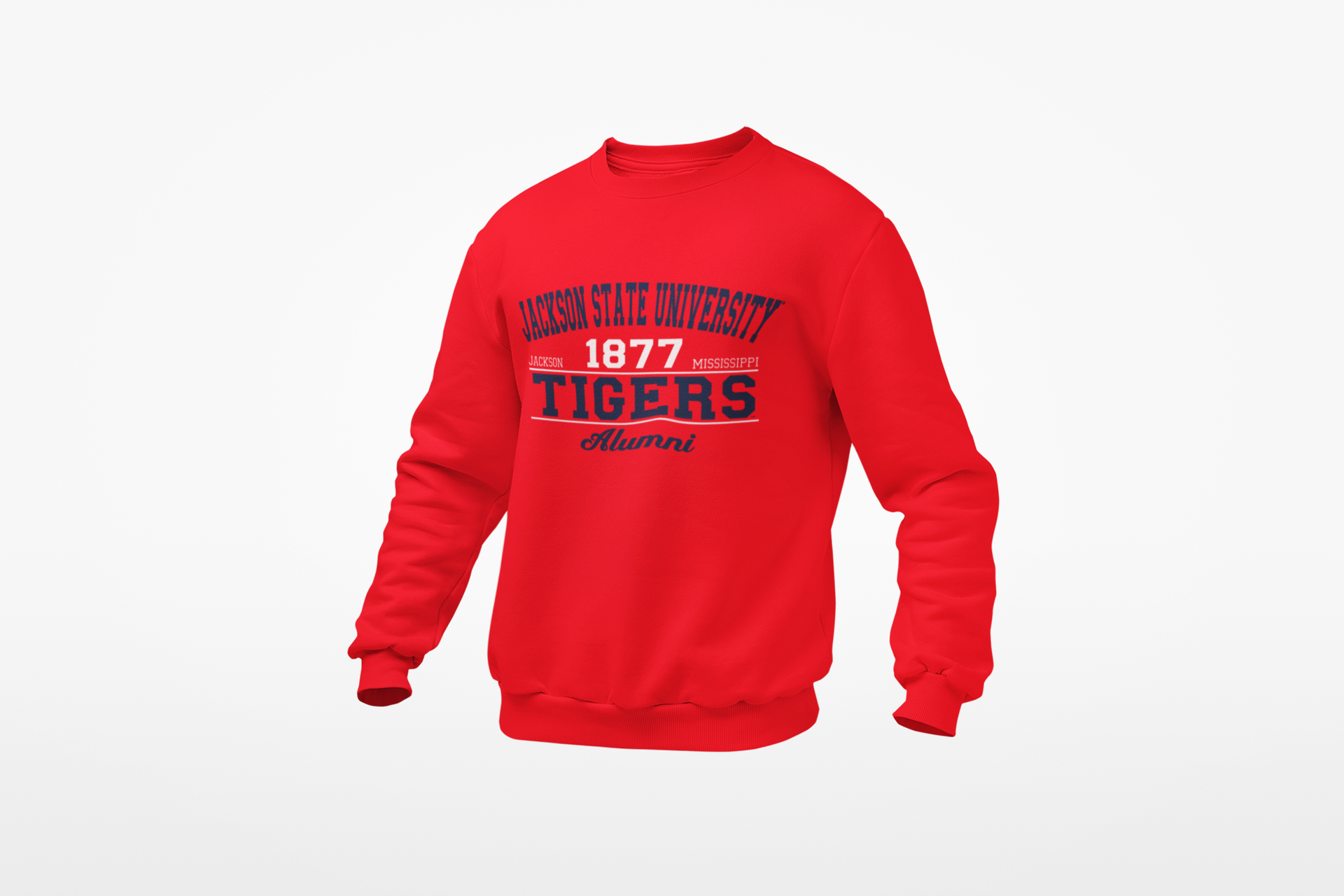 Red unisex crewneck sweatshirt with Tigers Alumni graphic and ribbed cuffs