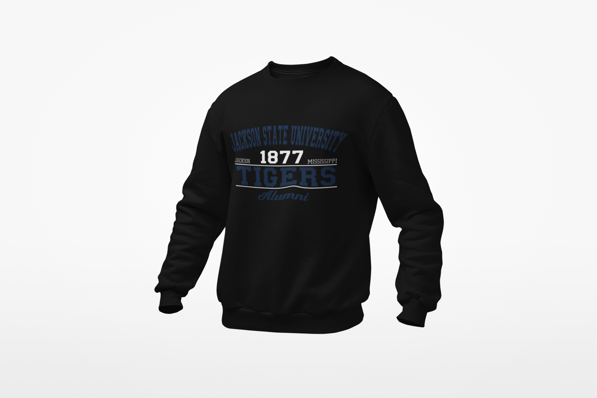 Black unisex crewneck sweatshirt with Tigers Alumni logo and ribbed cuffs