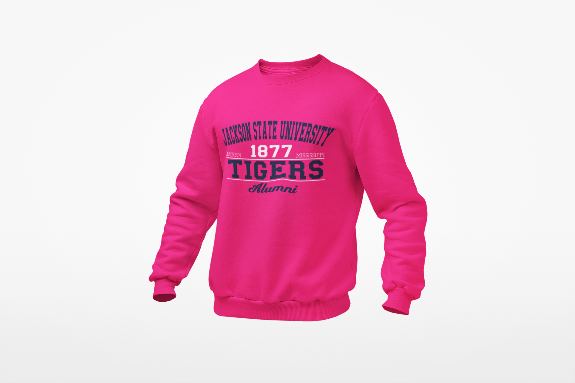 Pink unisex crewneck sweatshirt with Tigers Alumni graphic and ribbed cuffs