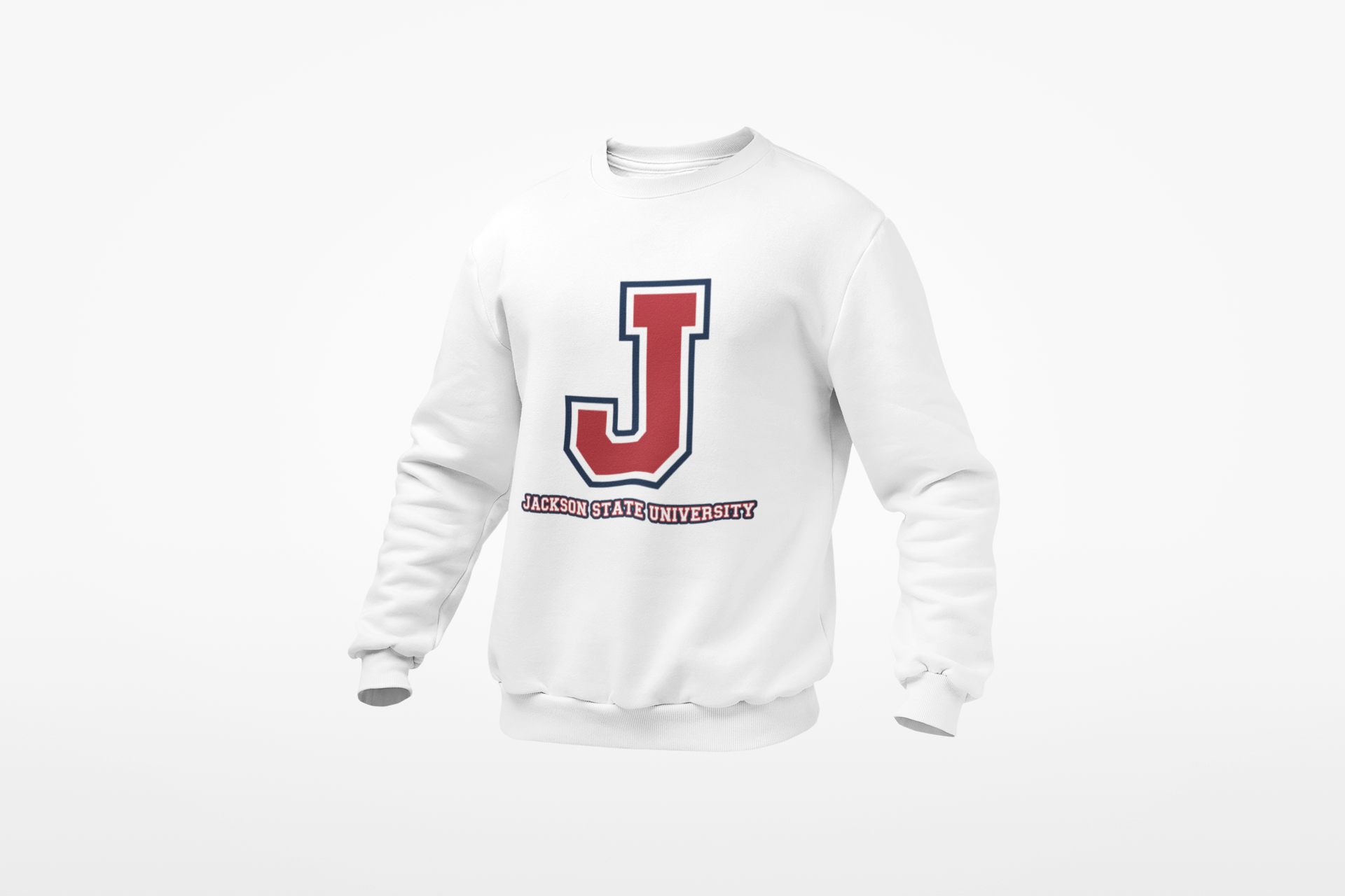 White unisex crewneck sweatshirt with centered J logo graphic on the chest