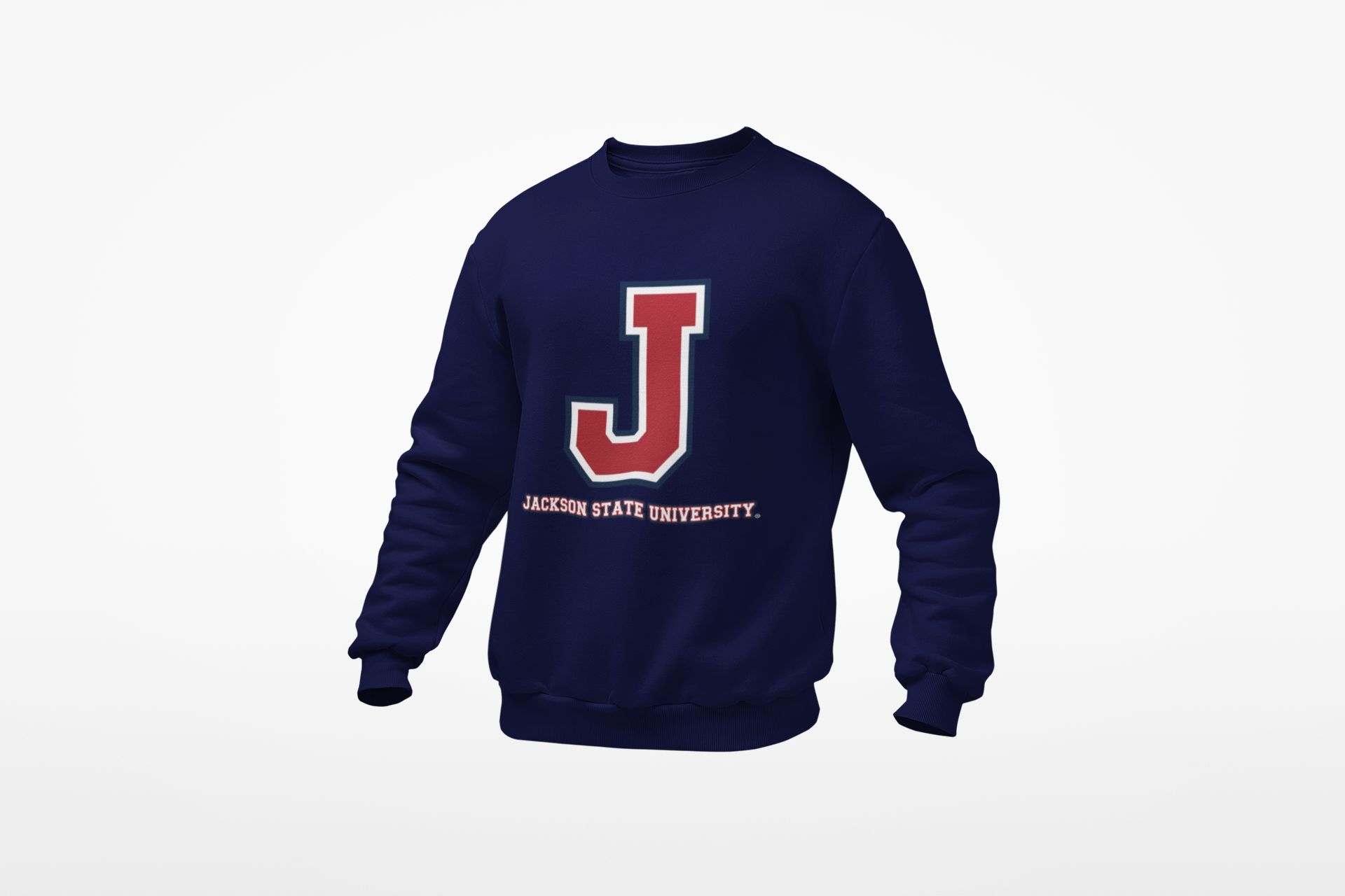 Navy blue unisex crewneck sweatshirt with large J logo graphic at center chest