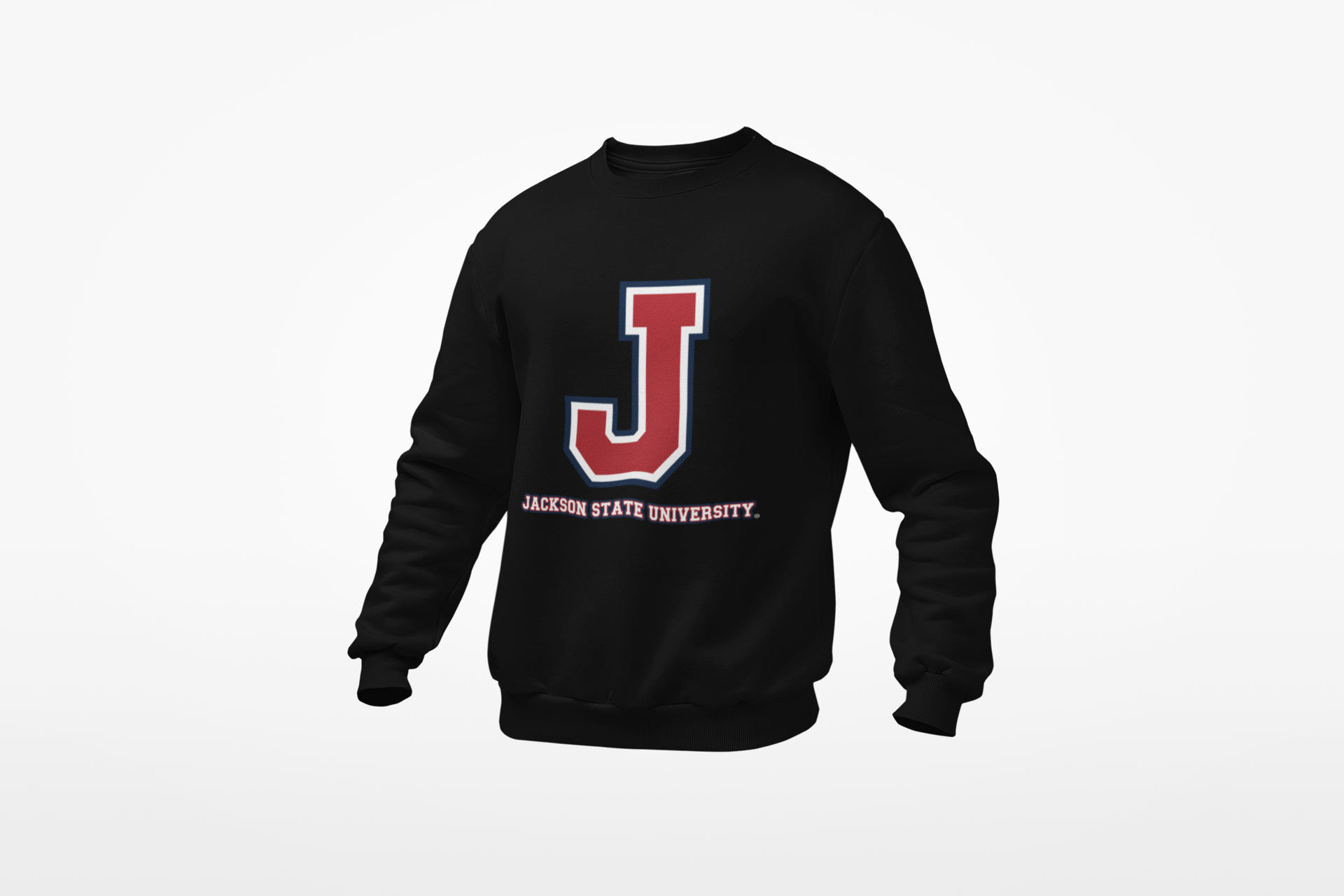 Black unisex crewneck sweatshirt with centered J logo patch graphic
