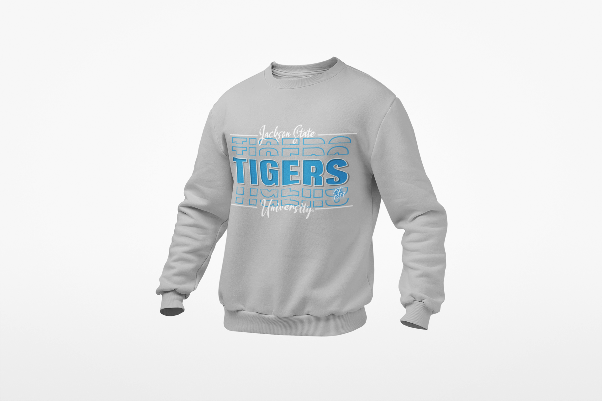 Gray crewneck sweatshirt with long sleeves and “Tigers” front graphic